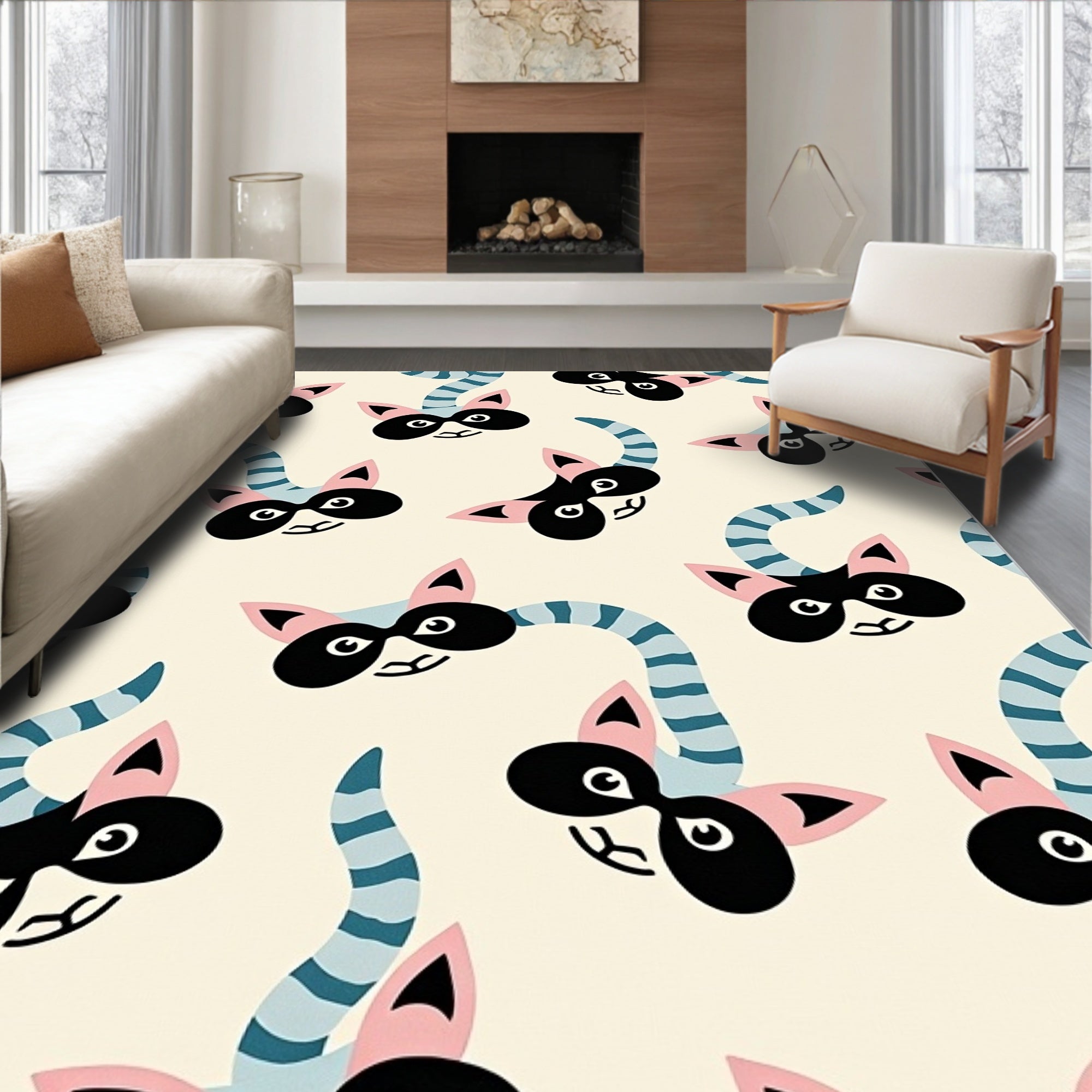 Striped Tail Raccoon Cream Background Rug