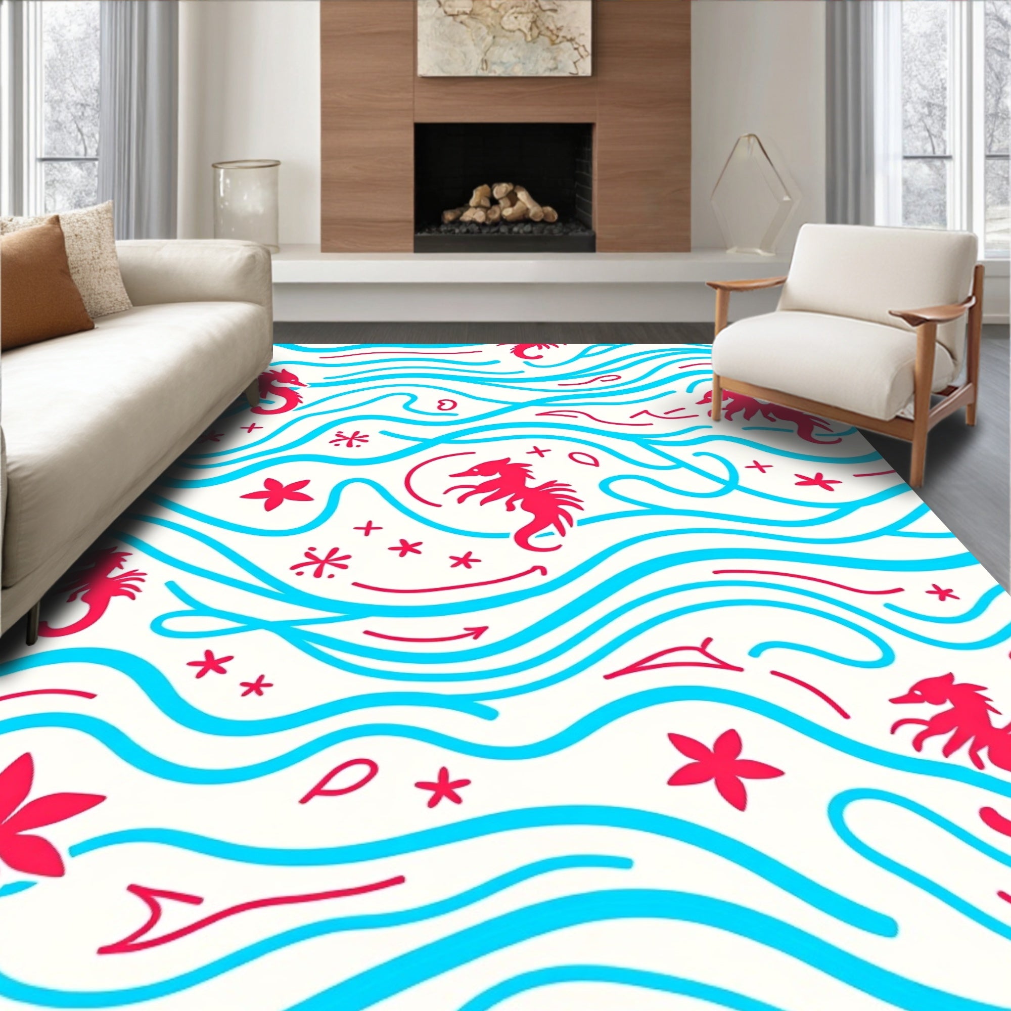 Coral Seahorse Aquatic Wave Rug