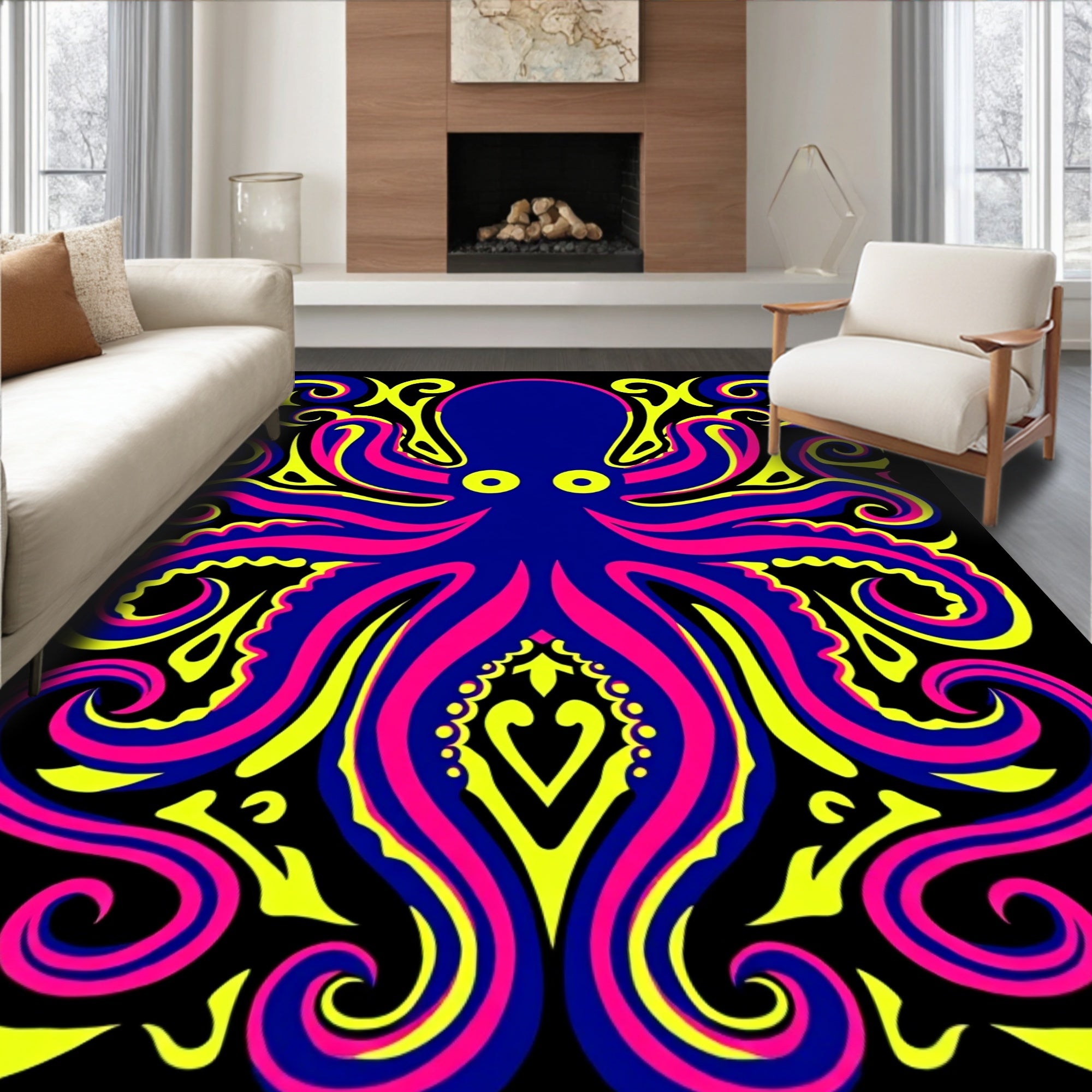 Vibrant Blue Pink Yellow Octopus Swirls Rug