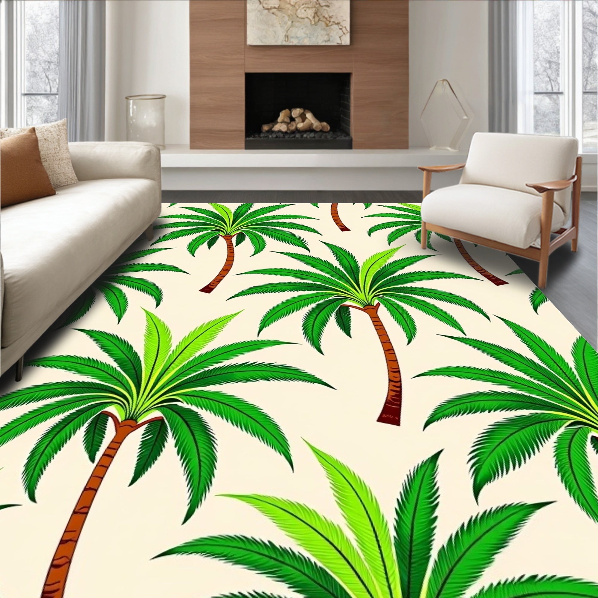 Tropical Green Palm Trees Cream Background Rug