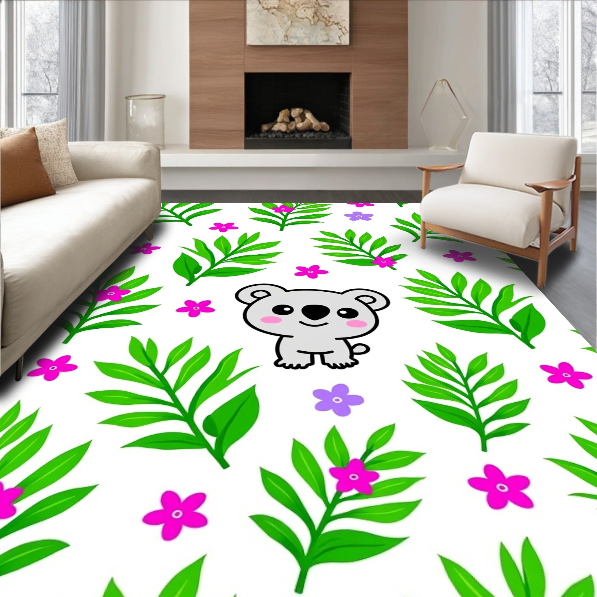 Cute Koala with Purple Pink Leaves Rug