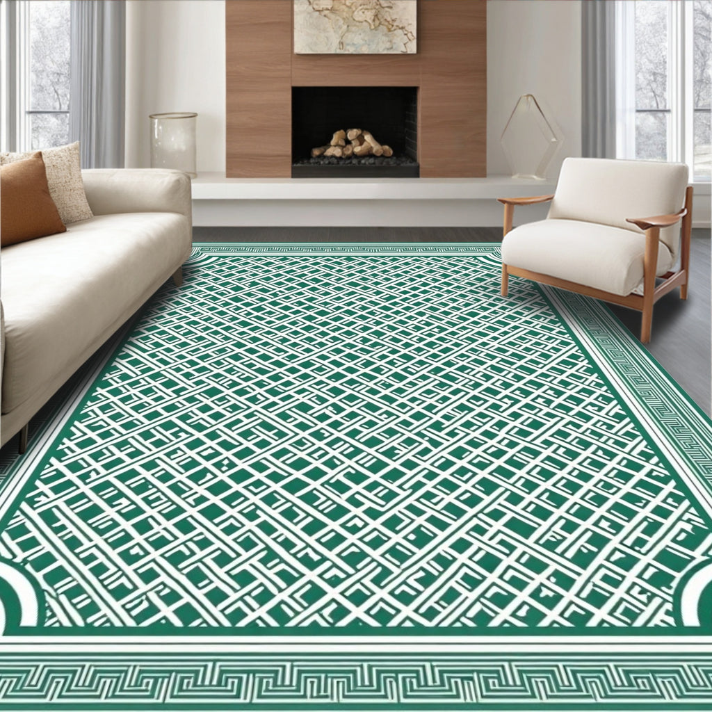 Deep Green Interlocking Lattice Border Rug