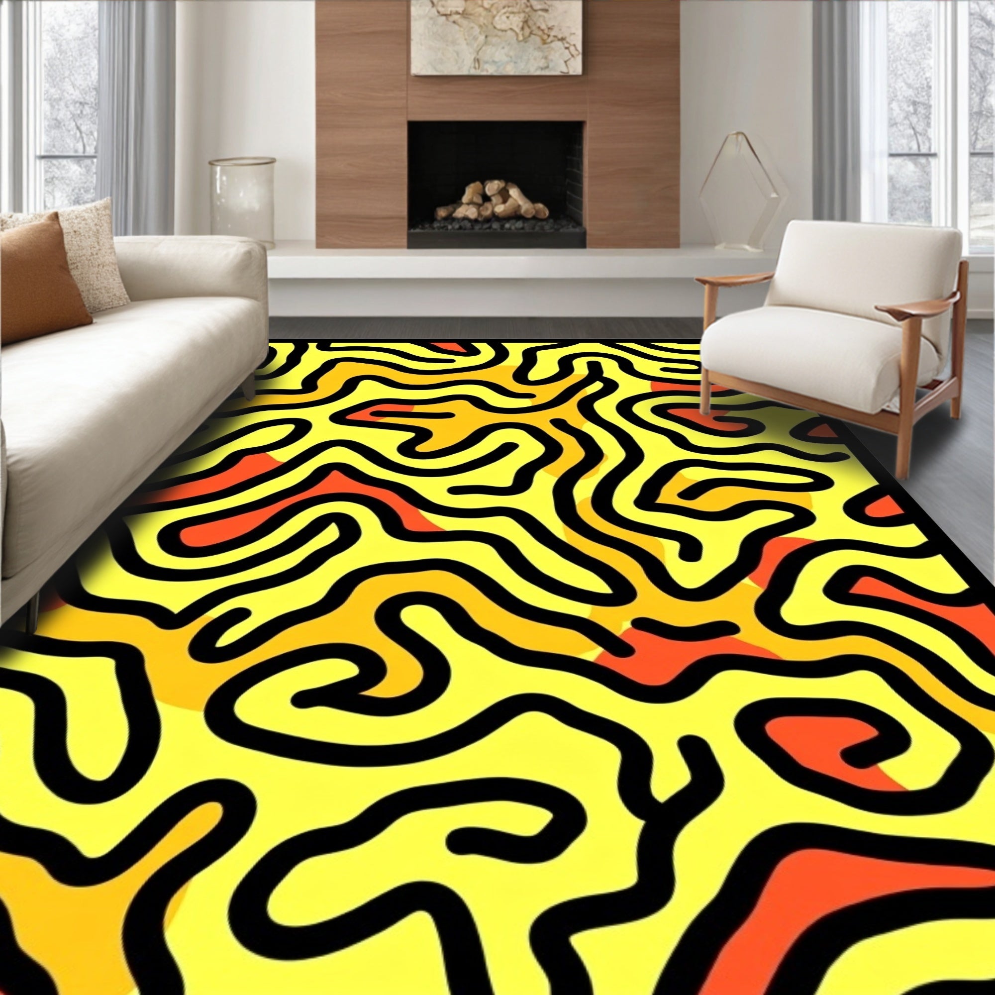 Vibrant Yellow Orange Maze Swirls Rug