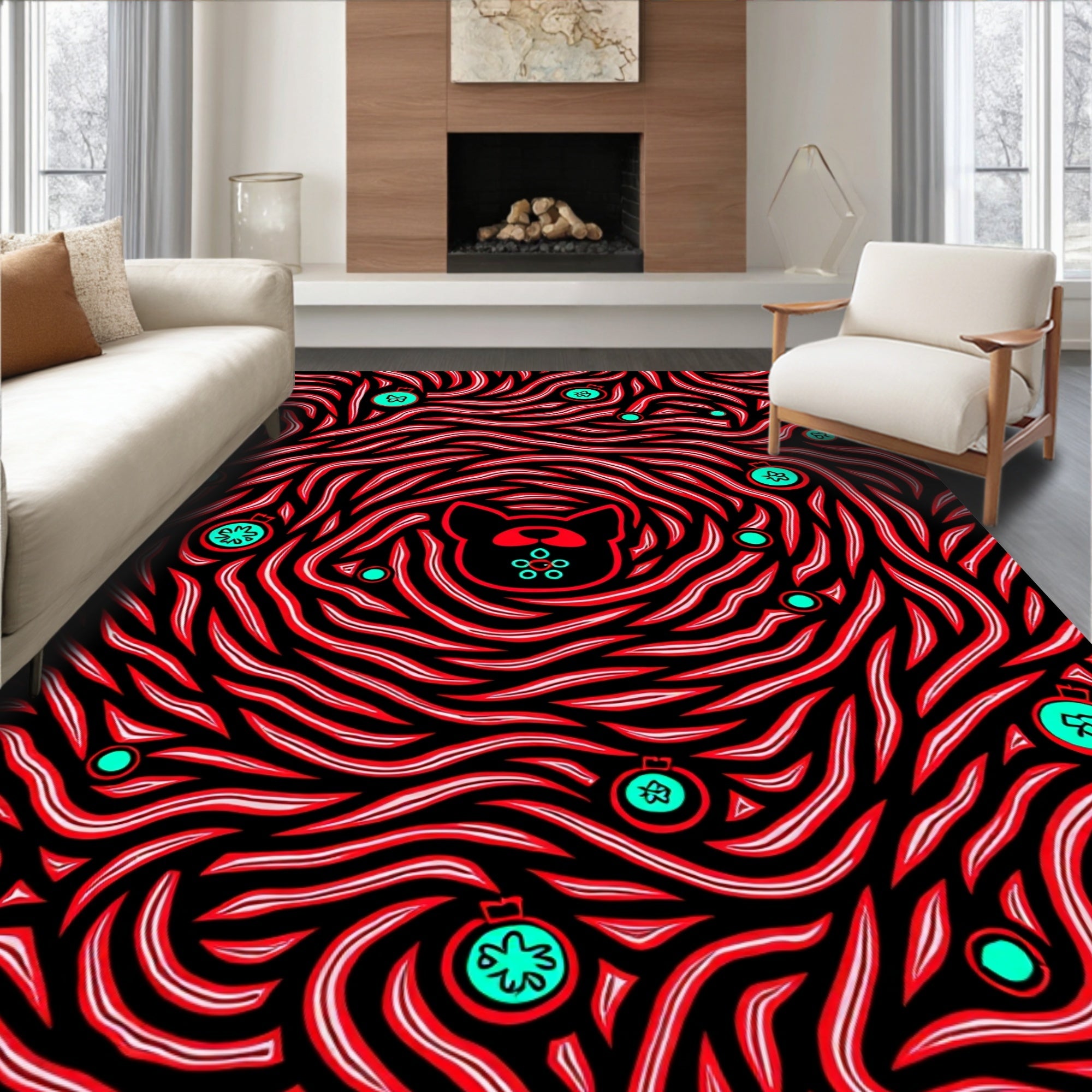 Black Red Swirls Teal Ornaments Dog Rug