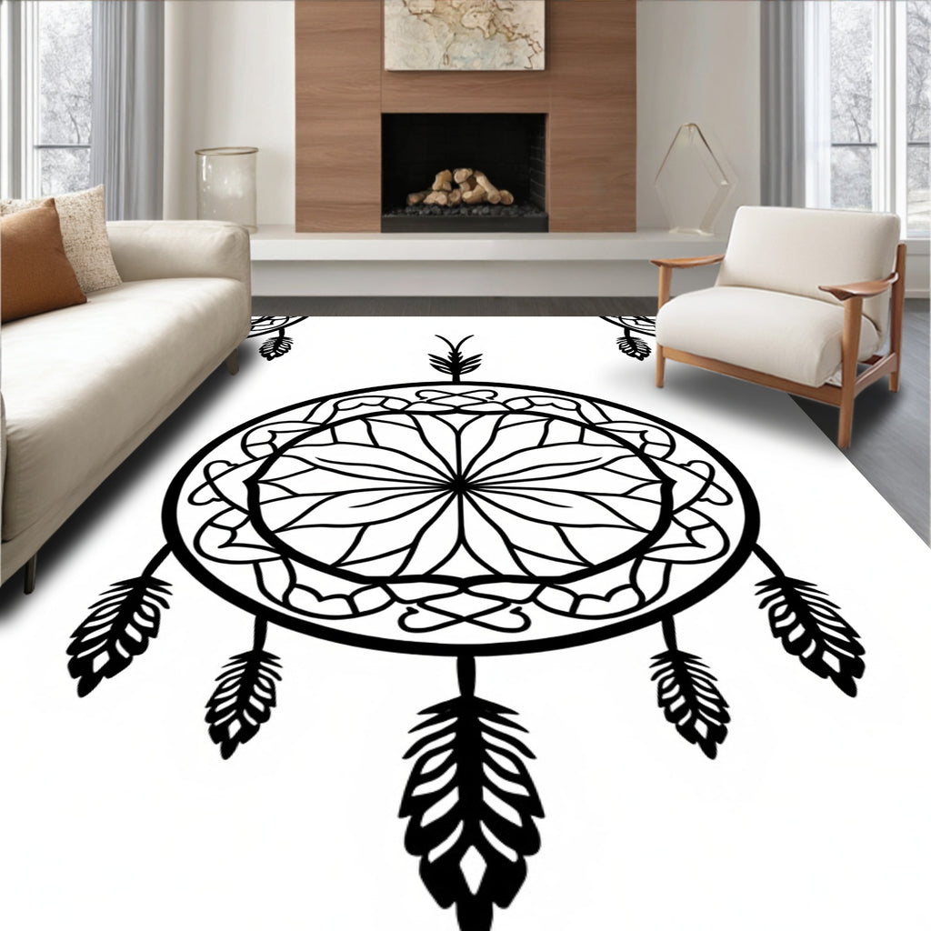 Black Dreamcatcher Feather Mandala Rug