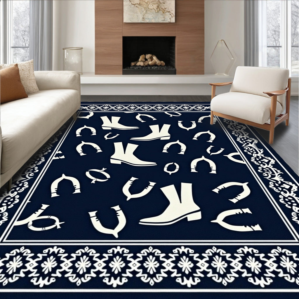 Navy Cream Cowboy Boot Horseshoe Border Rug