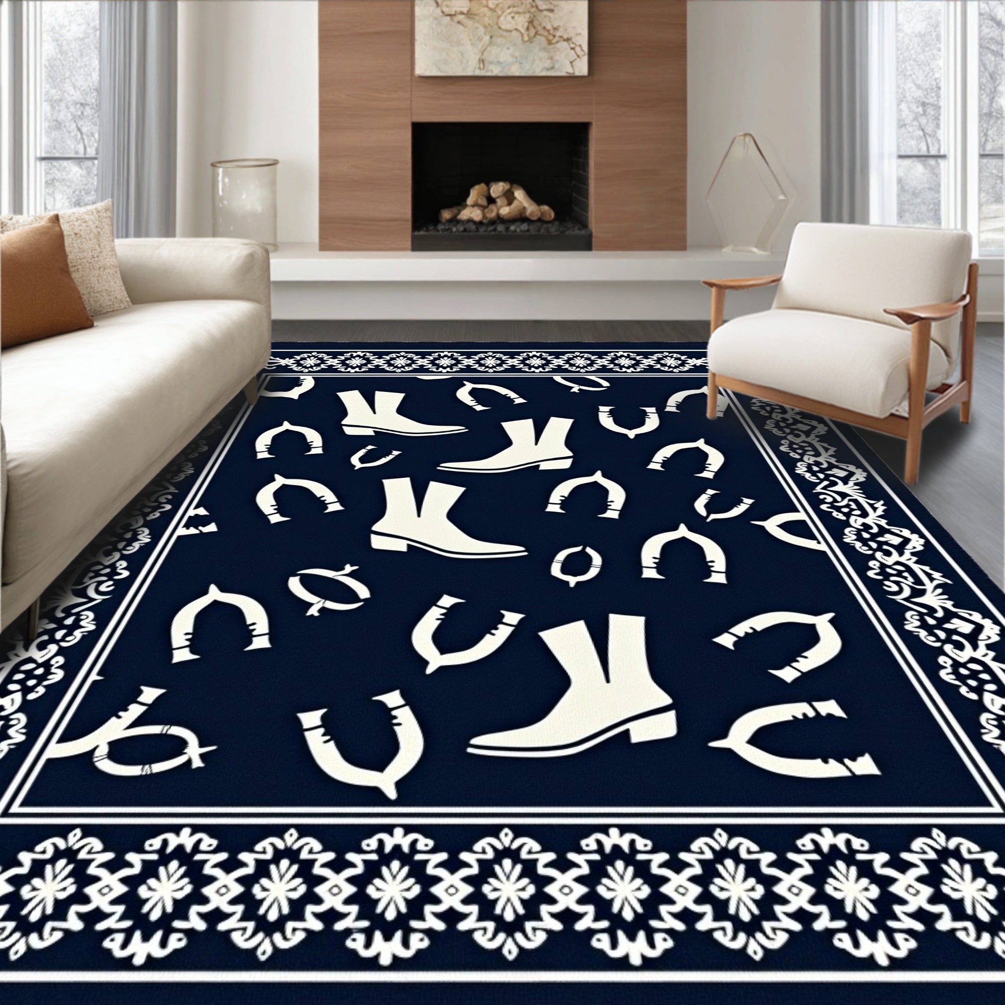 Navy Cream Cowboy Boot Horseshoe Border Rug