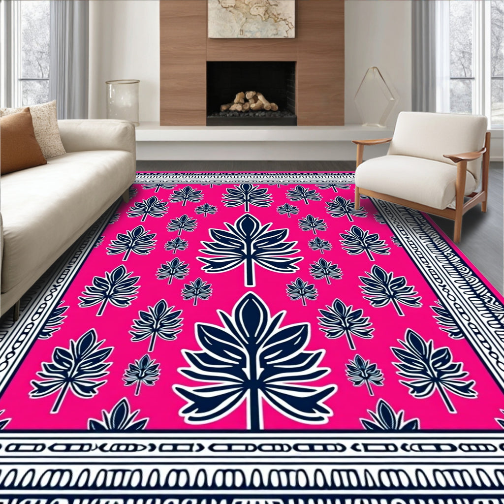 Vivid Pink Navy Leaf Scatter Area Rug