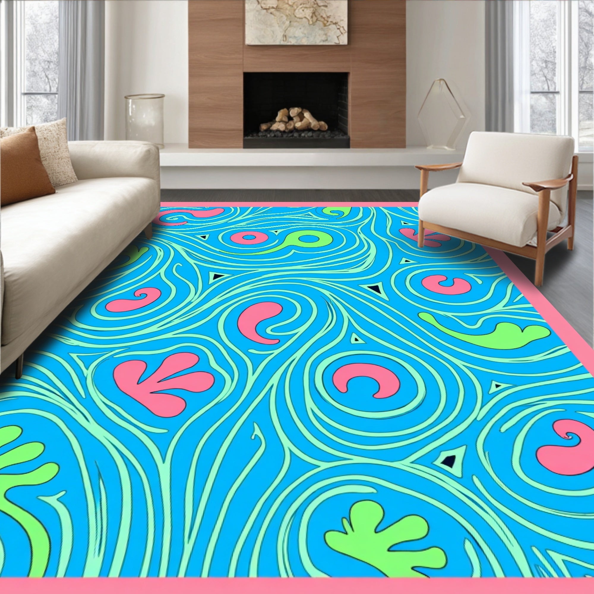 Retro Swirls Blue Pink Green Rug