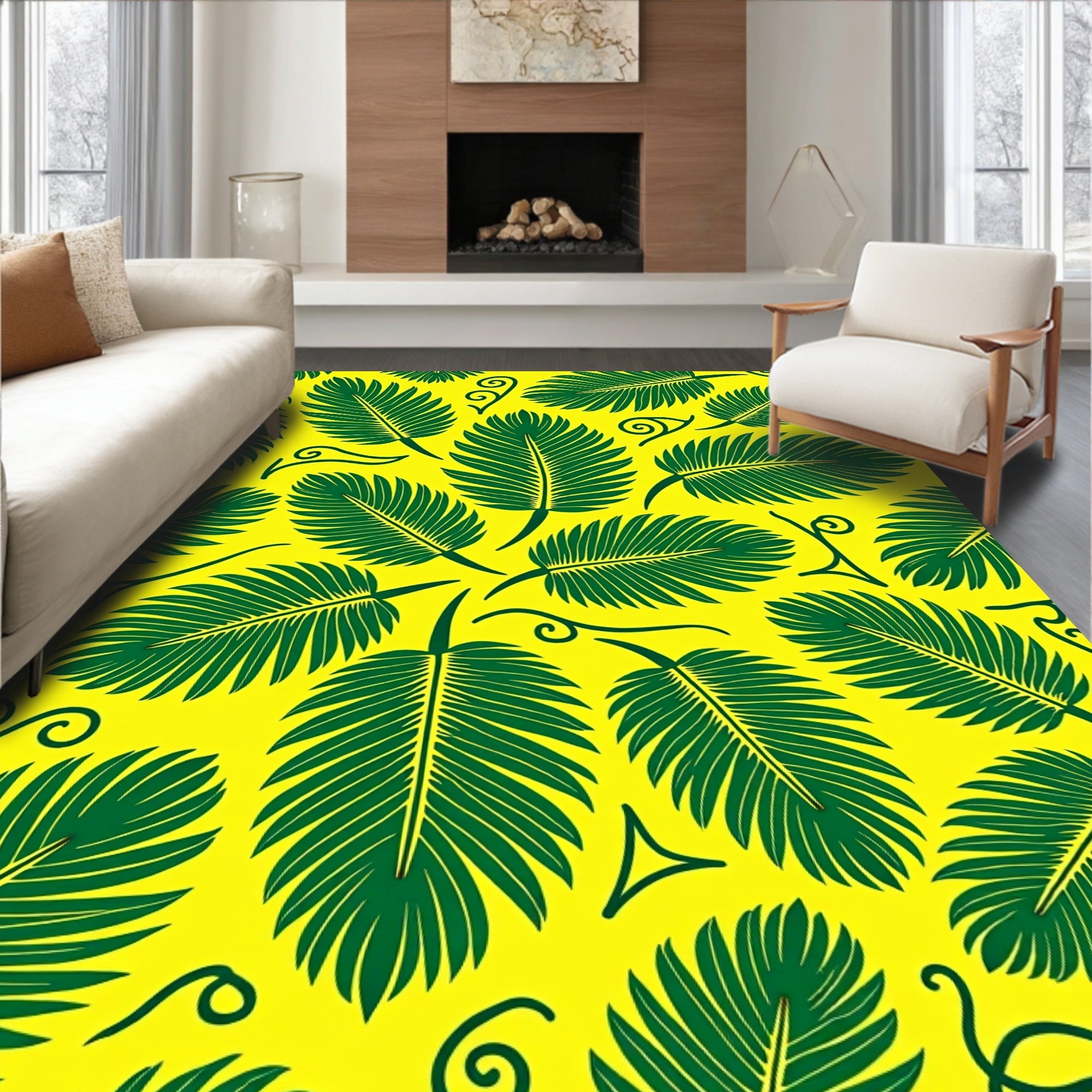 Vibrant Green Leaf Tropical Swirl Rug