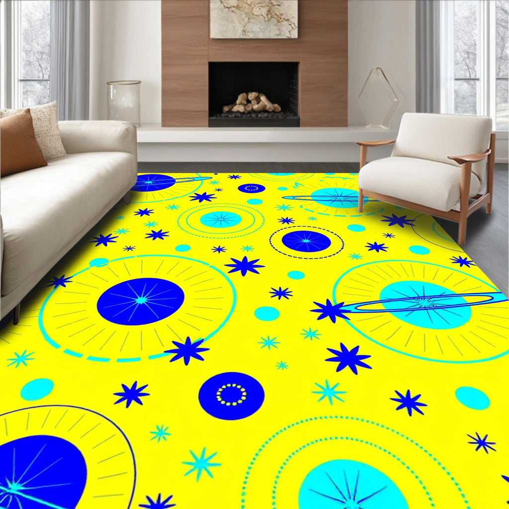 Yellow Cosmic Starburst Spaceship Rings Rug