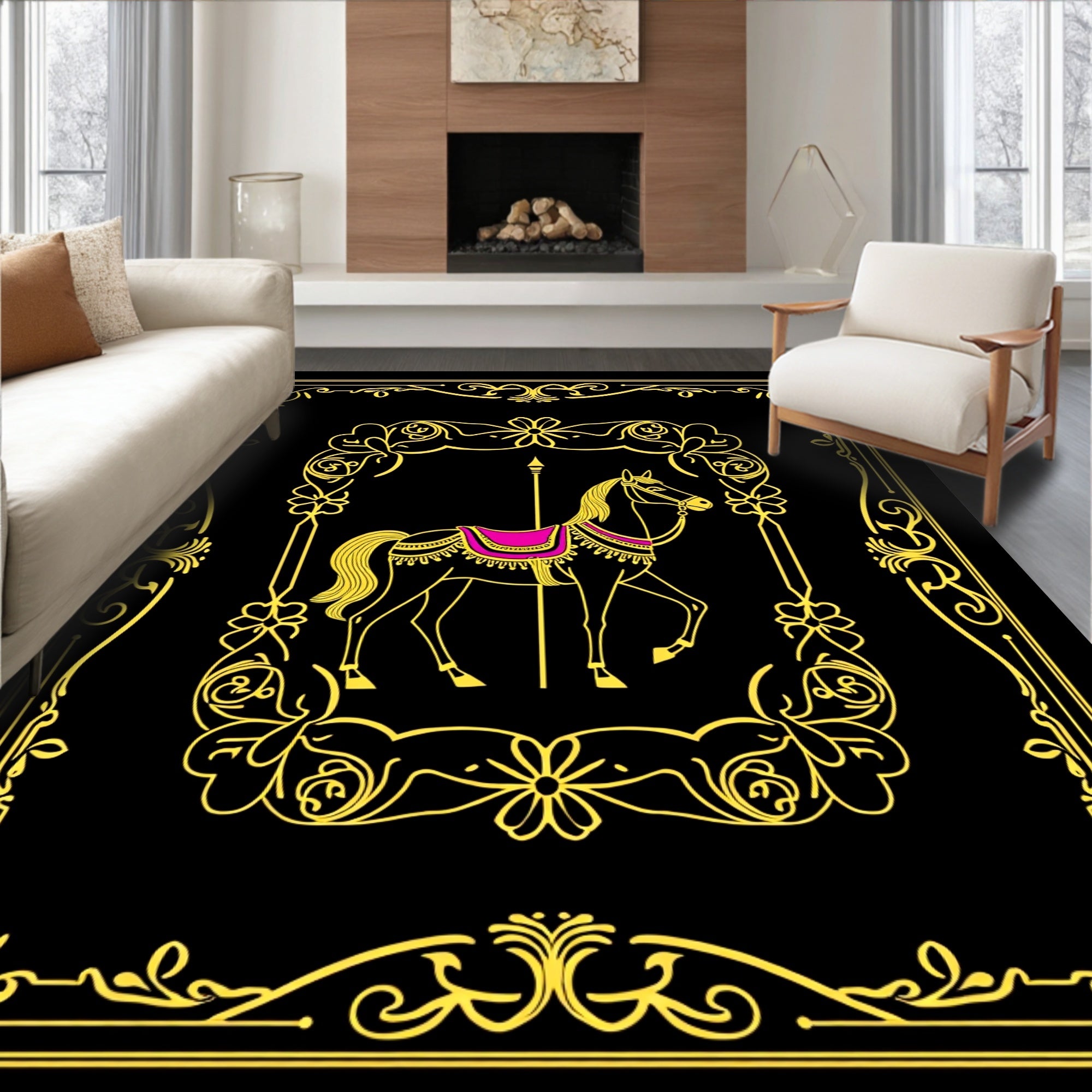 Golden Carousel Horse with Rose Garland Border Rug