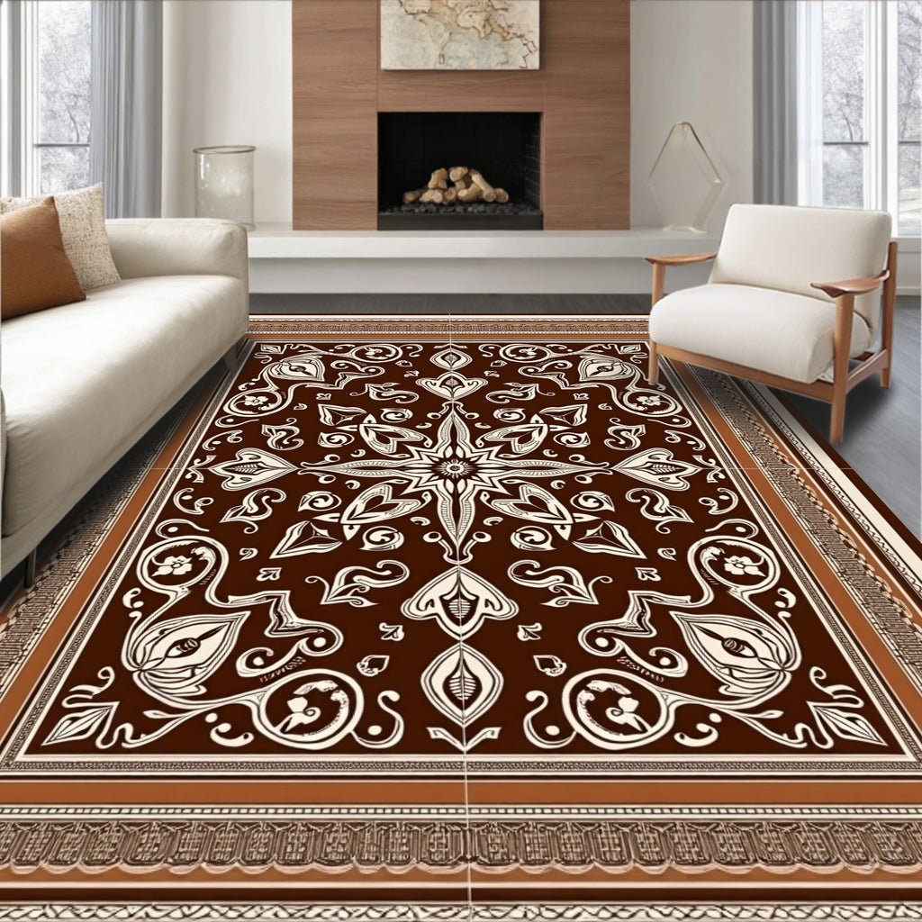 Rich Brown White Floral Medallion Rug