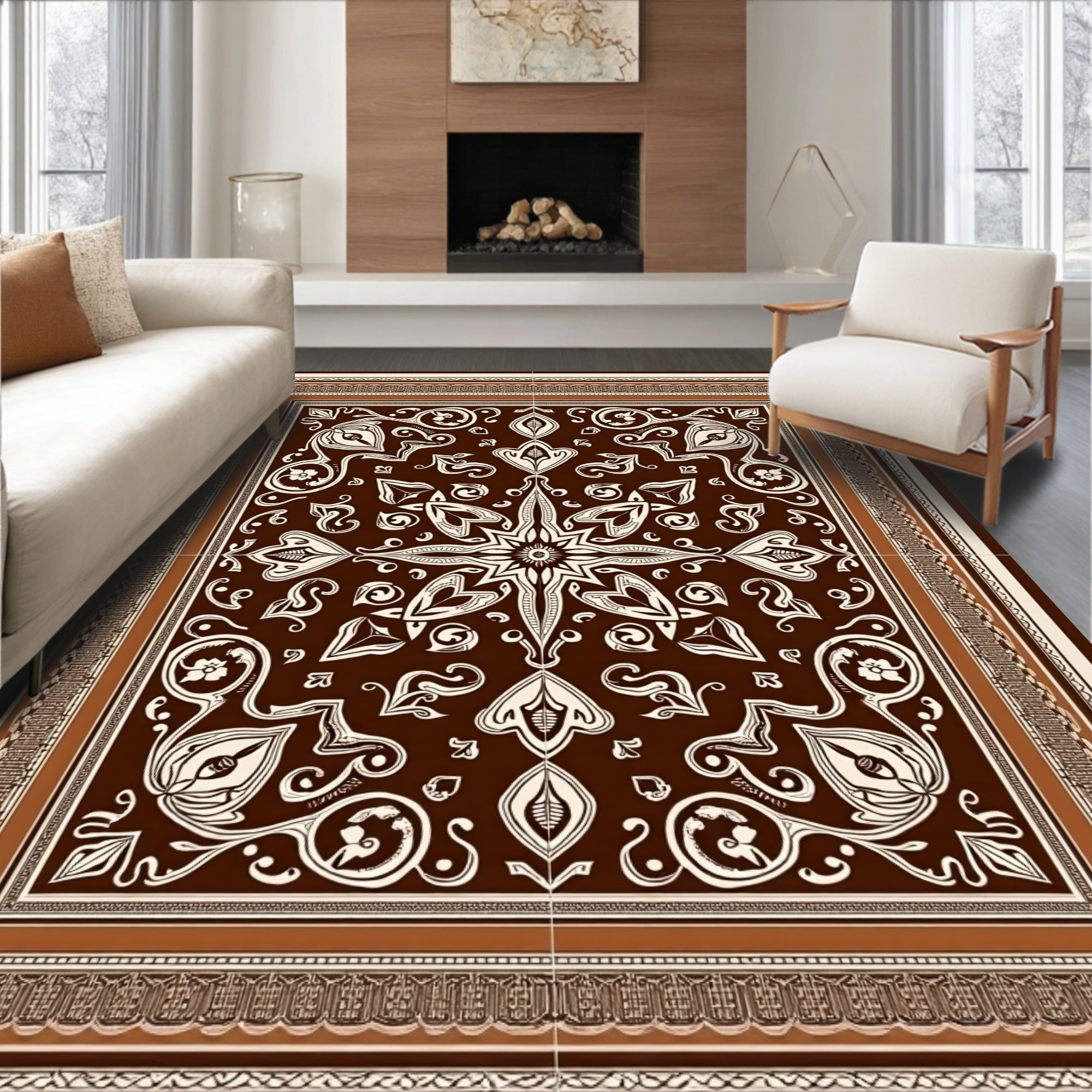 Rich Brown White Floral Medallion Rug