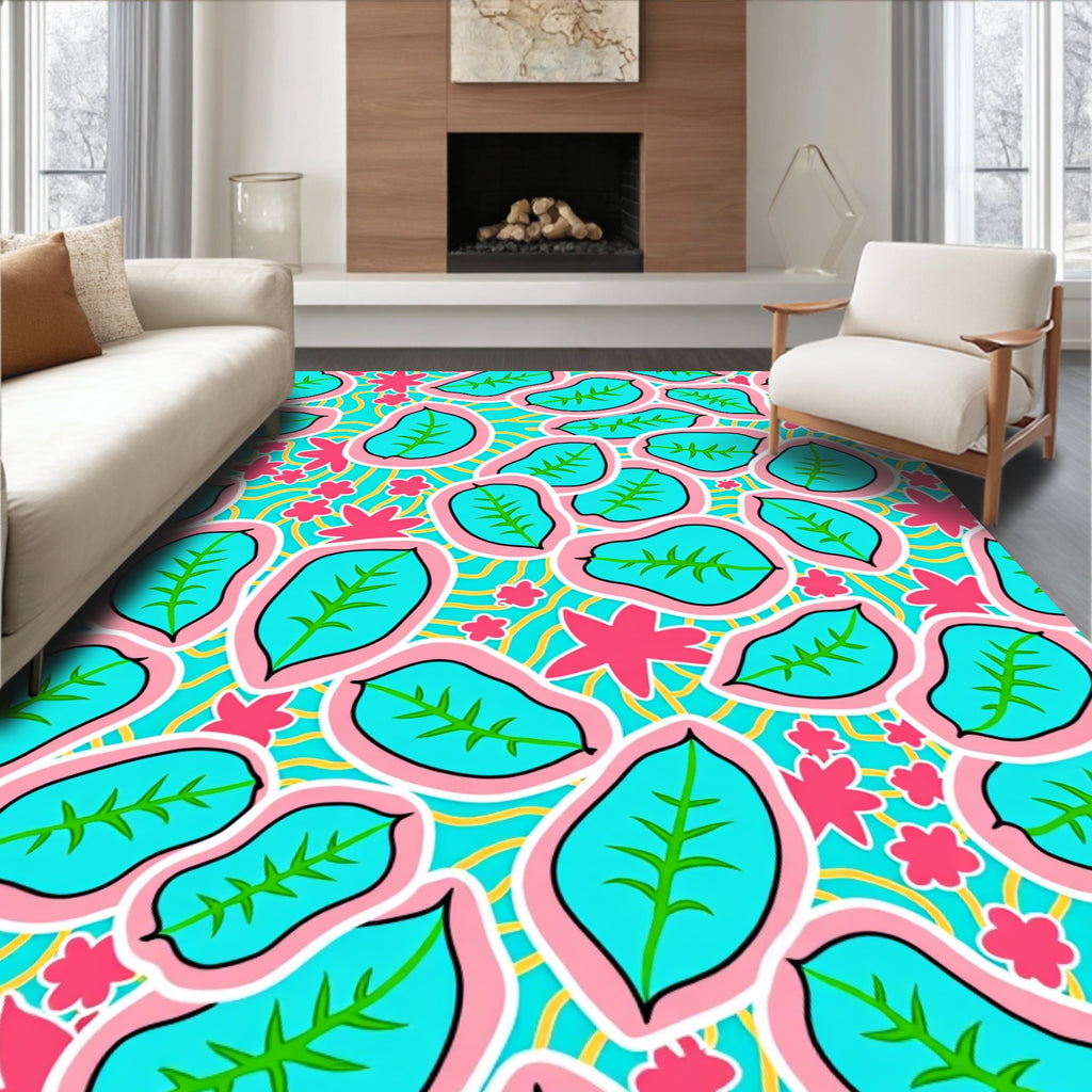Vibrant Teal Abstract Leaf Floral Swirl Rug