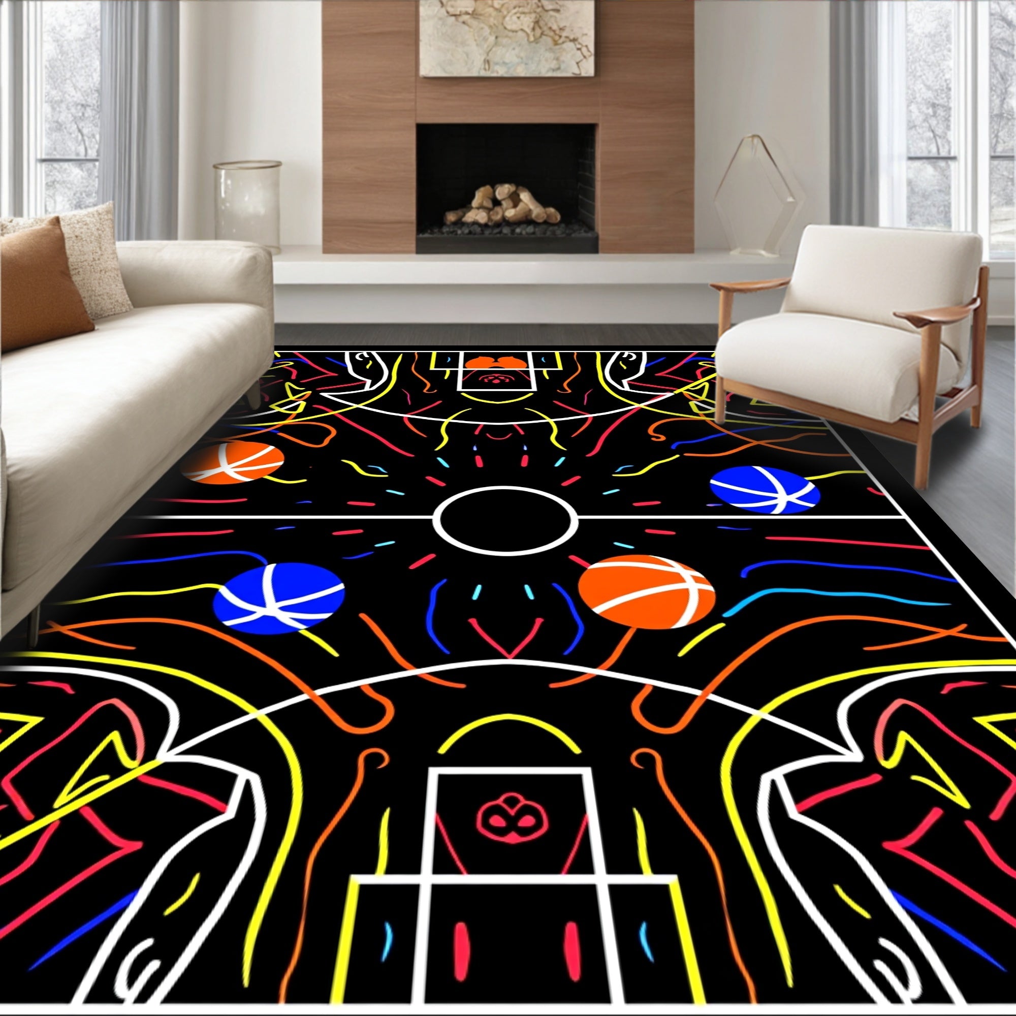 Vibrant Abstract Basketball Court Colors Rug
