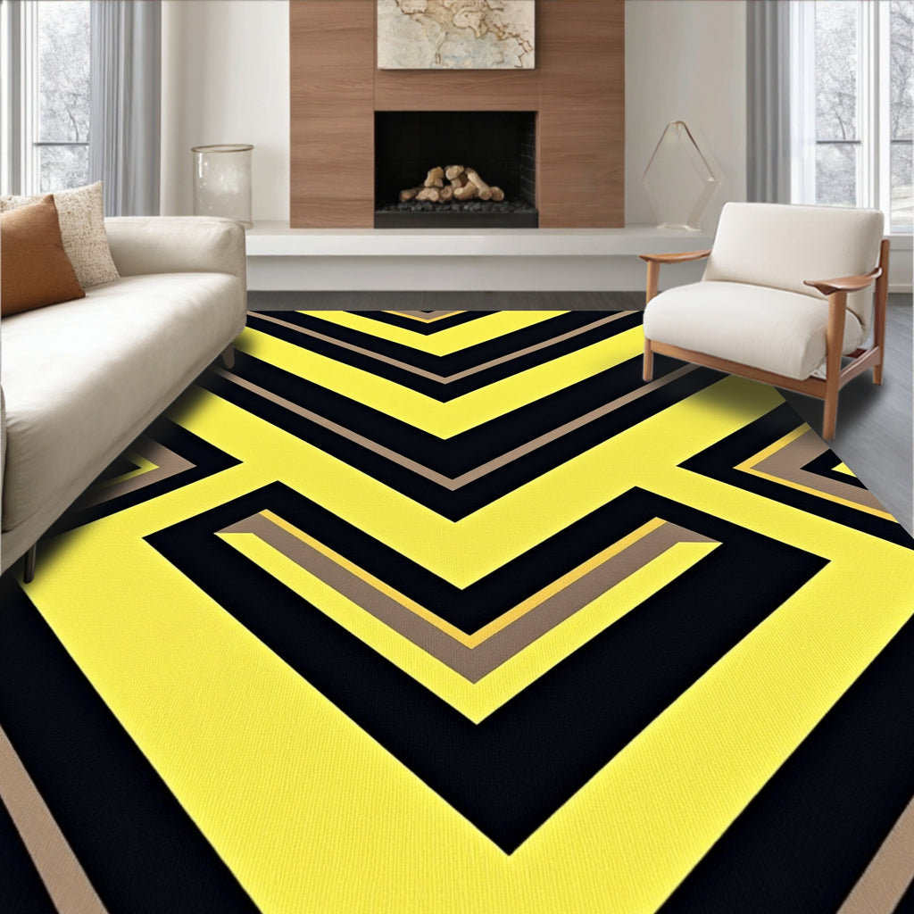 Bold Yellow Black Linear Geometric Rug