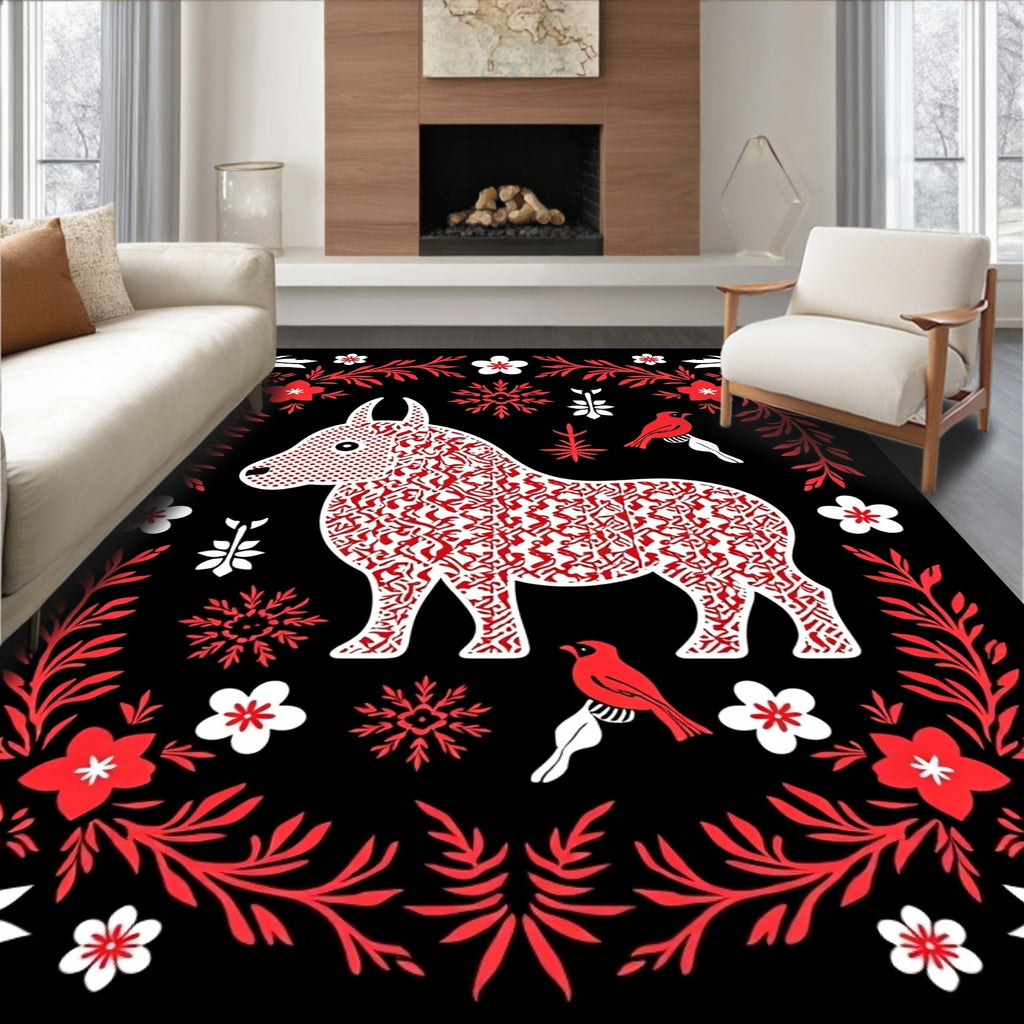 Red White Donkey Floral Border Art Rug