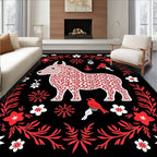 Red White Donkey Floral Border Art Rug