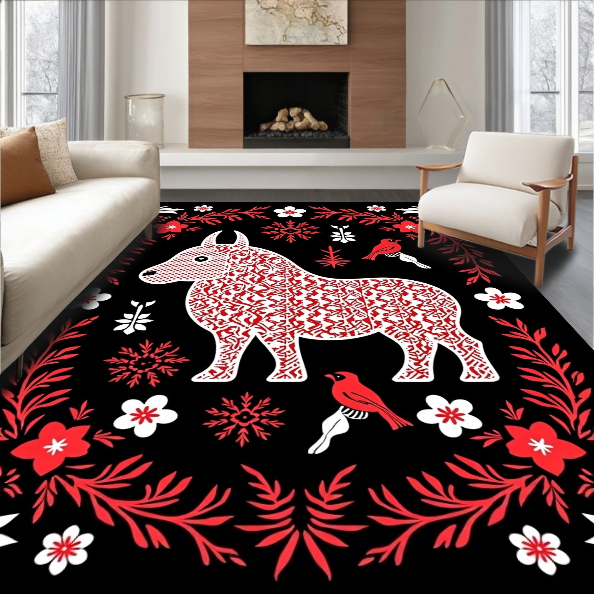 Red White Donkey Floral Border Art Rug
