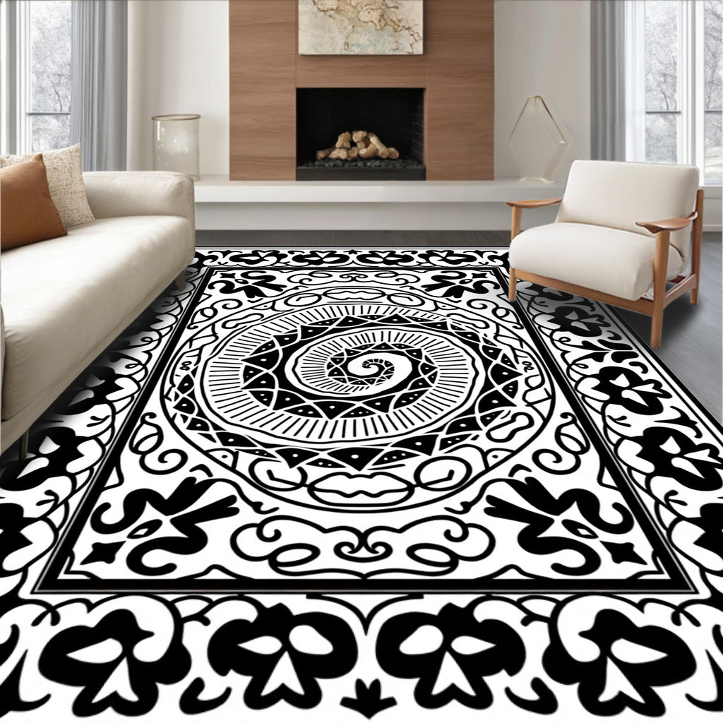 Black White Floral Swirl Mandala Rug