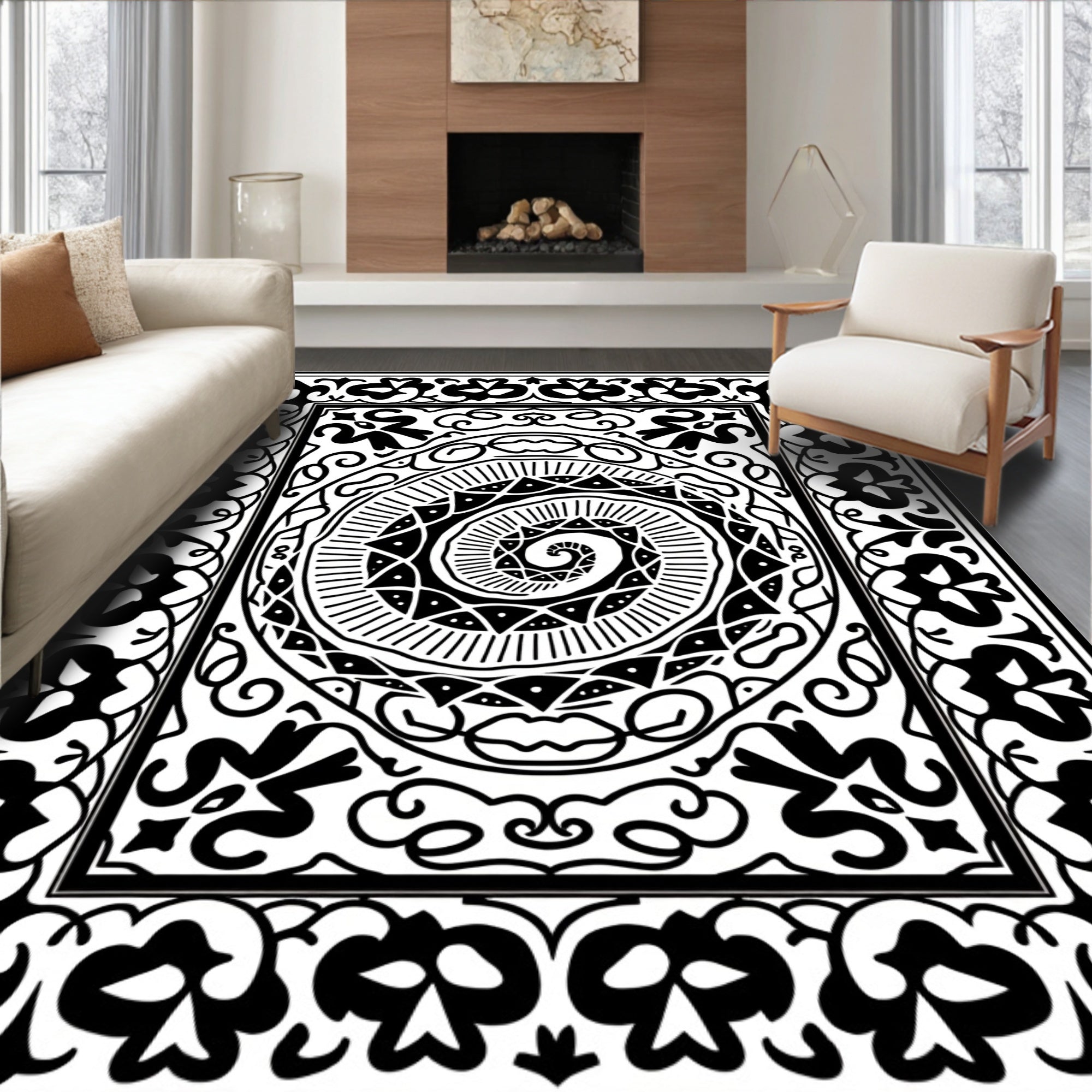 Black White Floral Swirl Mandala Rug