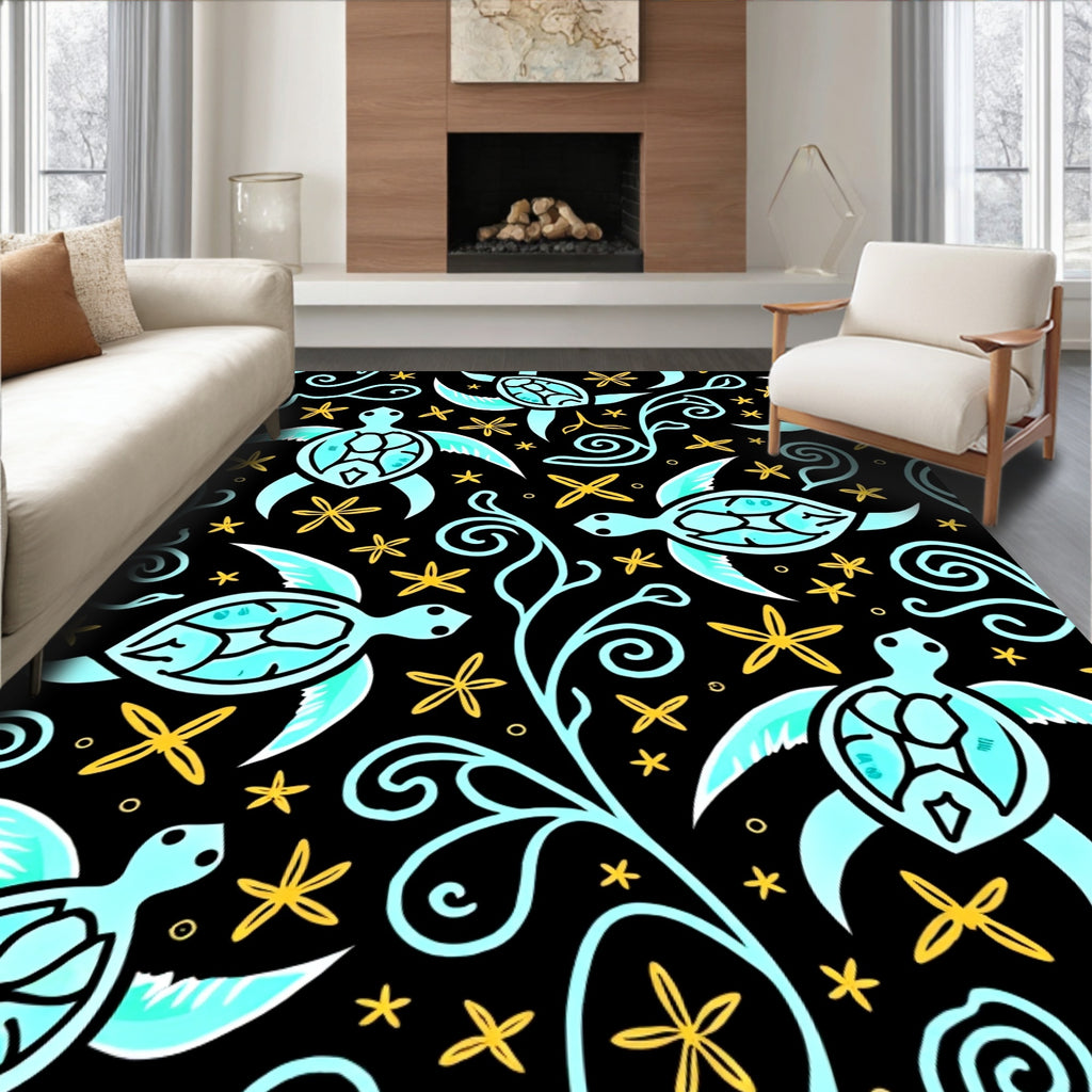 Whimsical Teal Sea Turtle Floral Swirls Rug