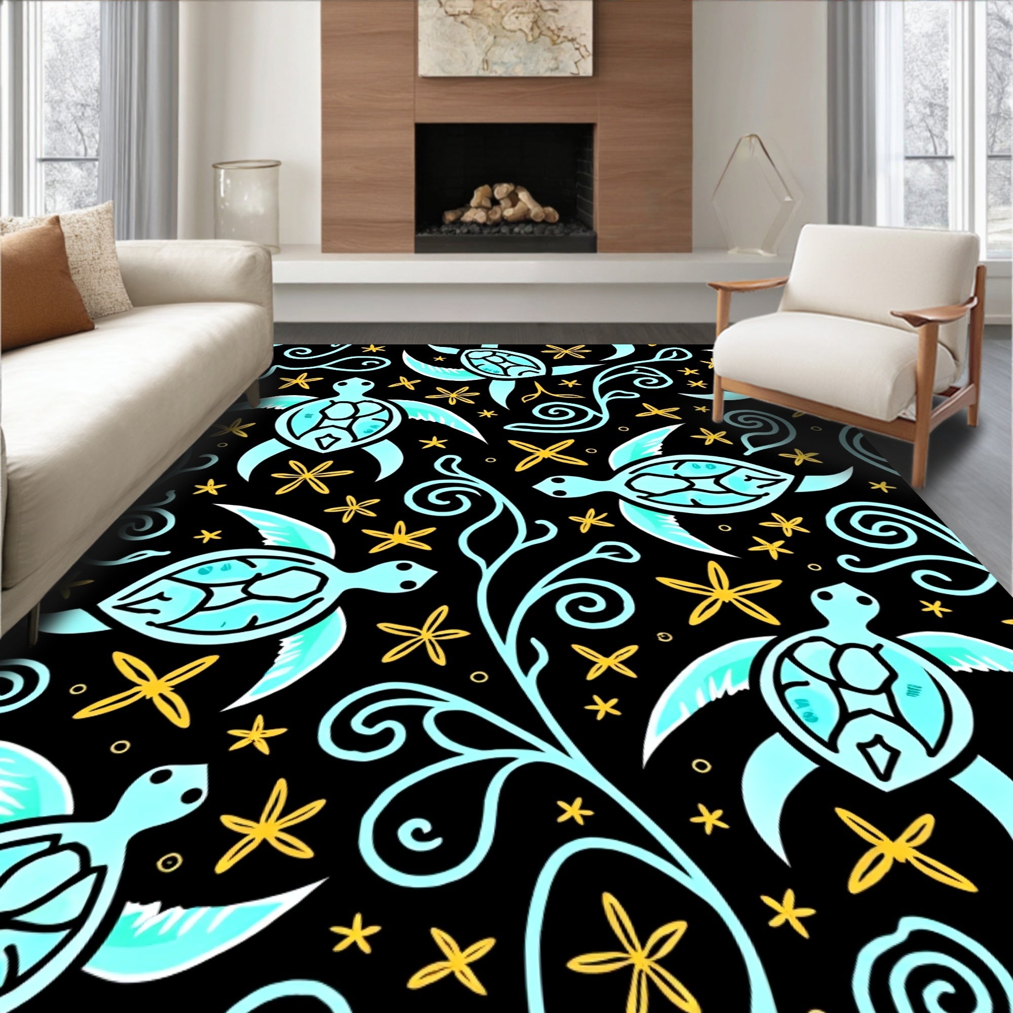 Whimsical Teal Sea Turtle Floral Swirls Rug