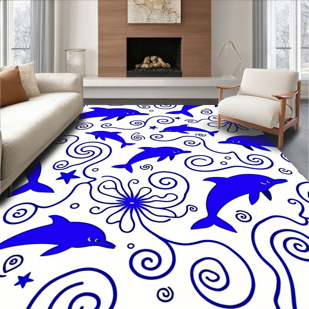 Whimsical Blue Dolphin Swirls Rug