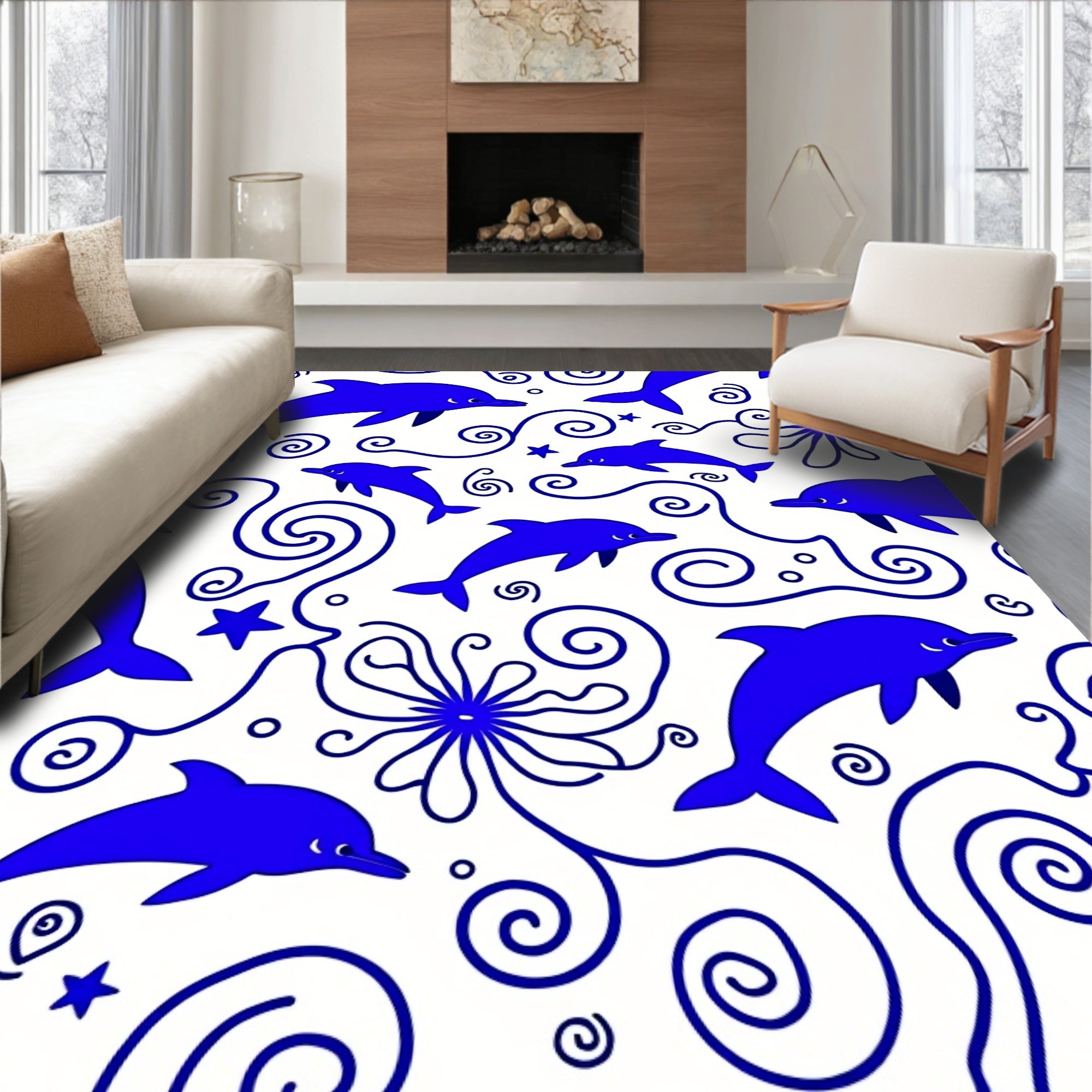Whimsical Blue Dolphin Swirls Rug