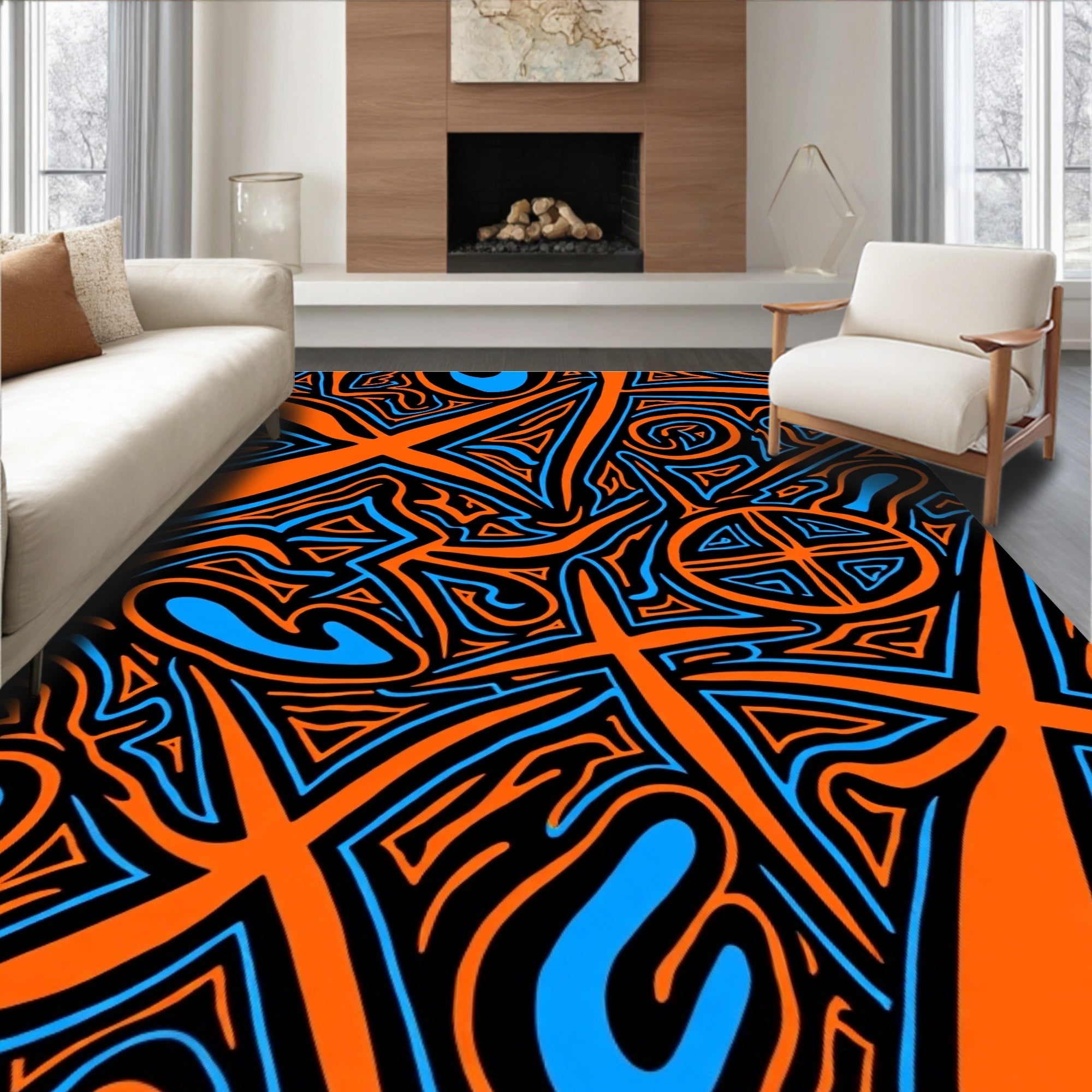 Vibrant Orange Blue Abstract Lines Rug