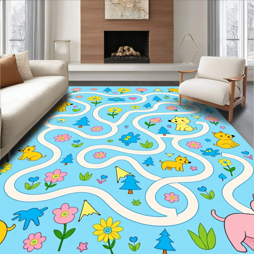 Playful Dogs and Flowers Maze Rug