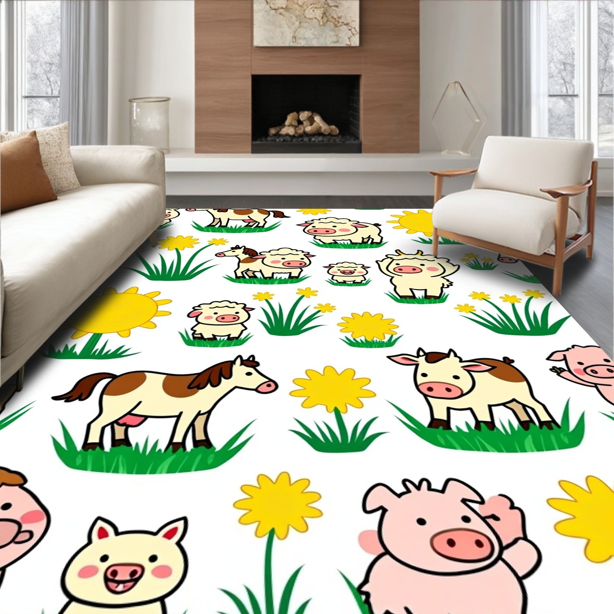 Cute Farm Animals Yellow Flowers Sun Rug
