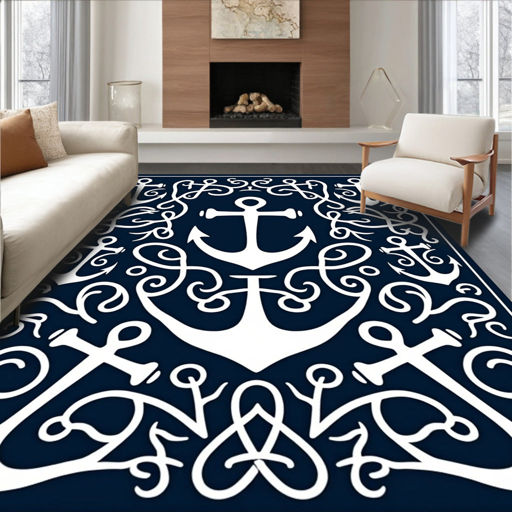 Navy White Anchor Swirl Maritime Art Rug