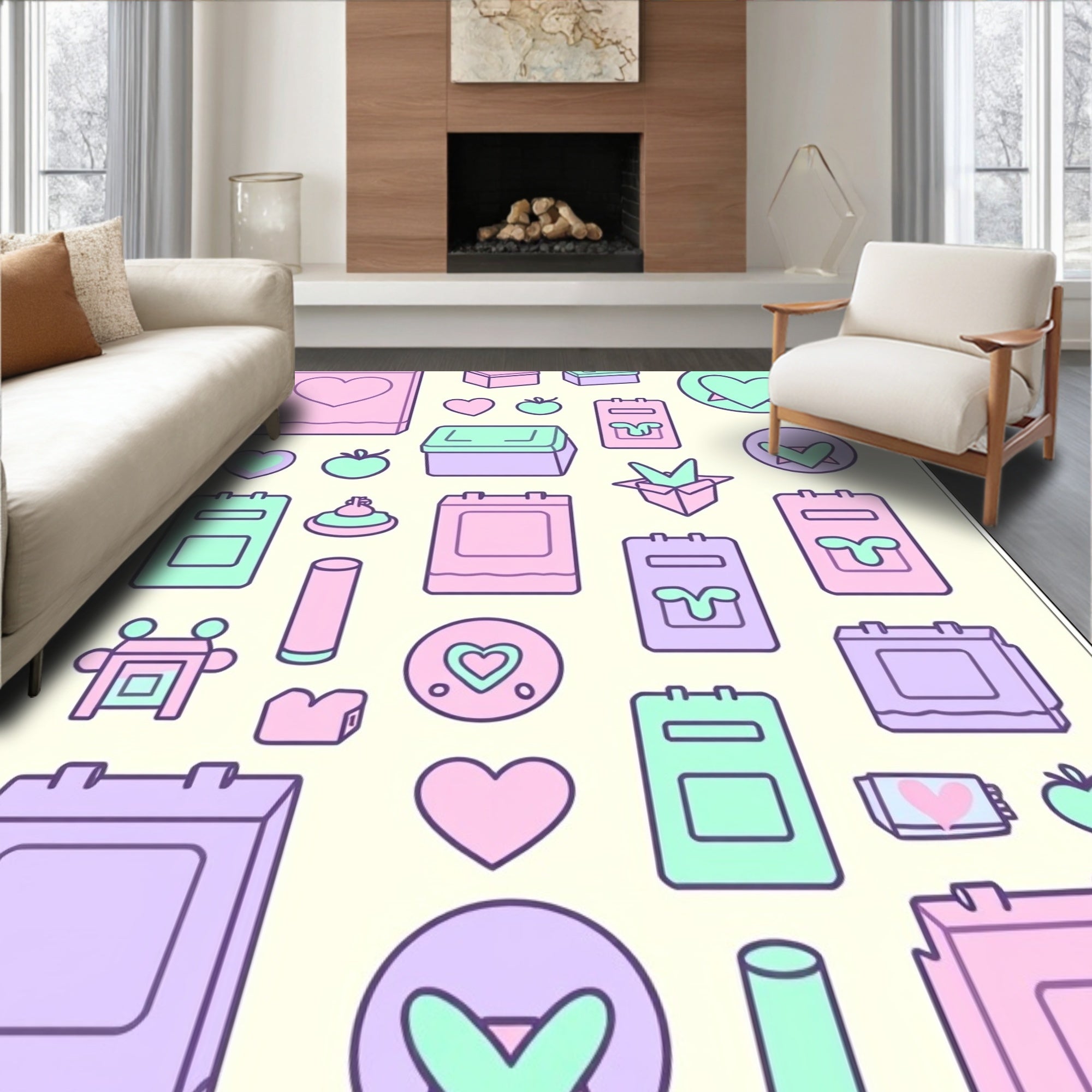 Pastel Hearts And Checkmarks Jumbled Rug