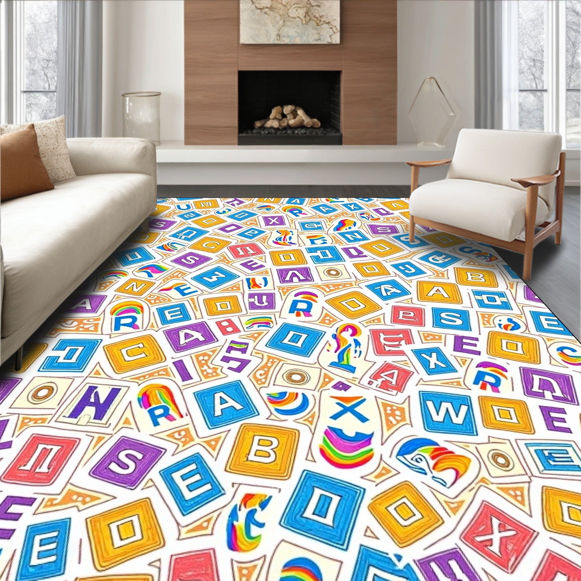 Vibrant Alphabet Collage With Rainbow Accents Rug