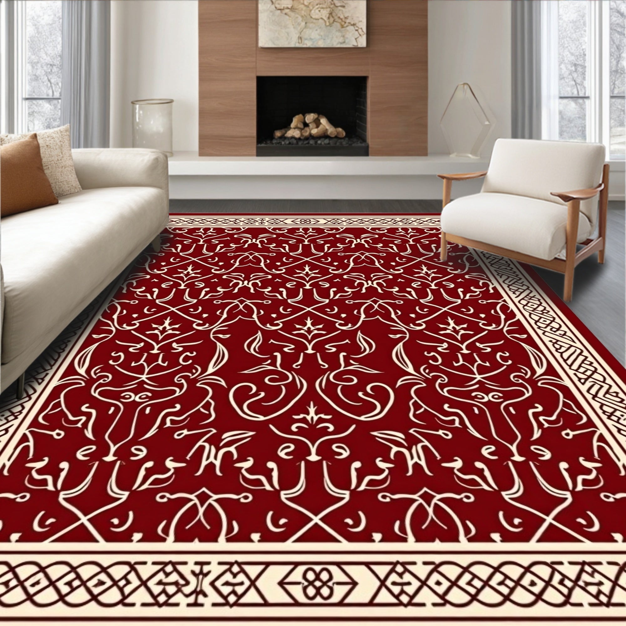 Deep Crimson Arabesque Filigree Rug