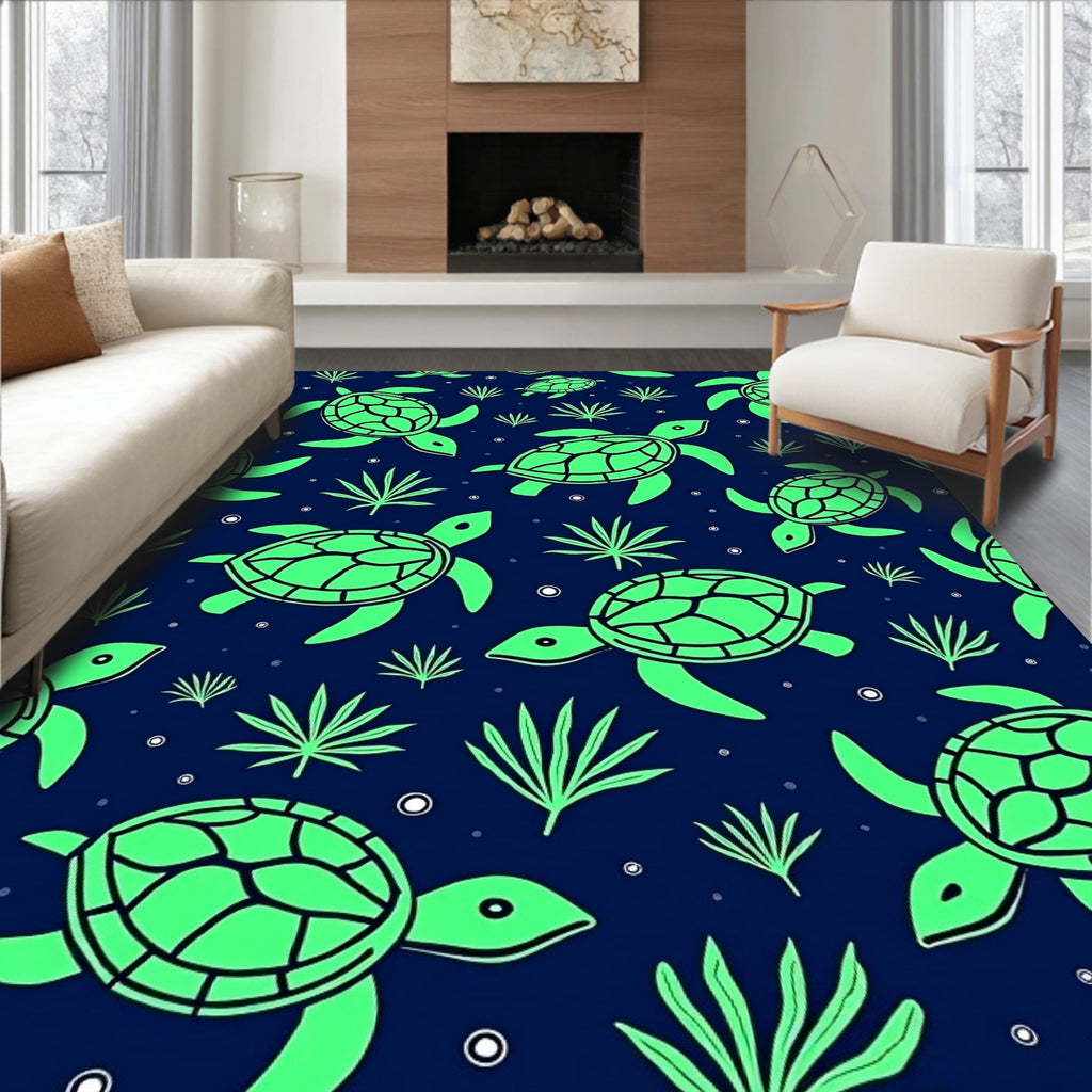 Neon Green Turtles Seaweed Navy Rug