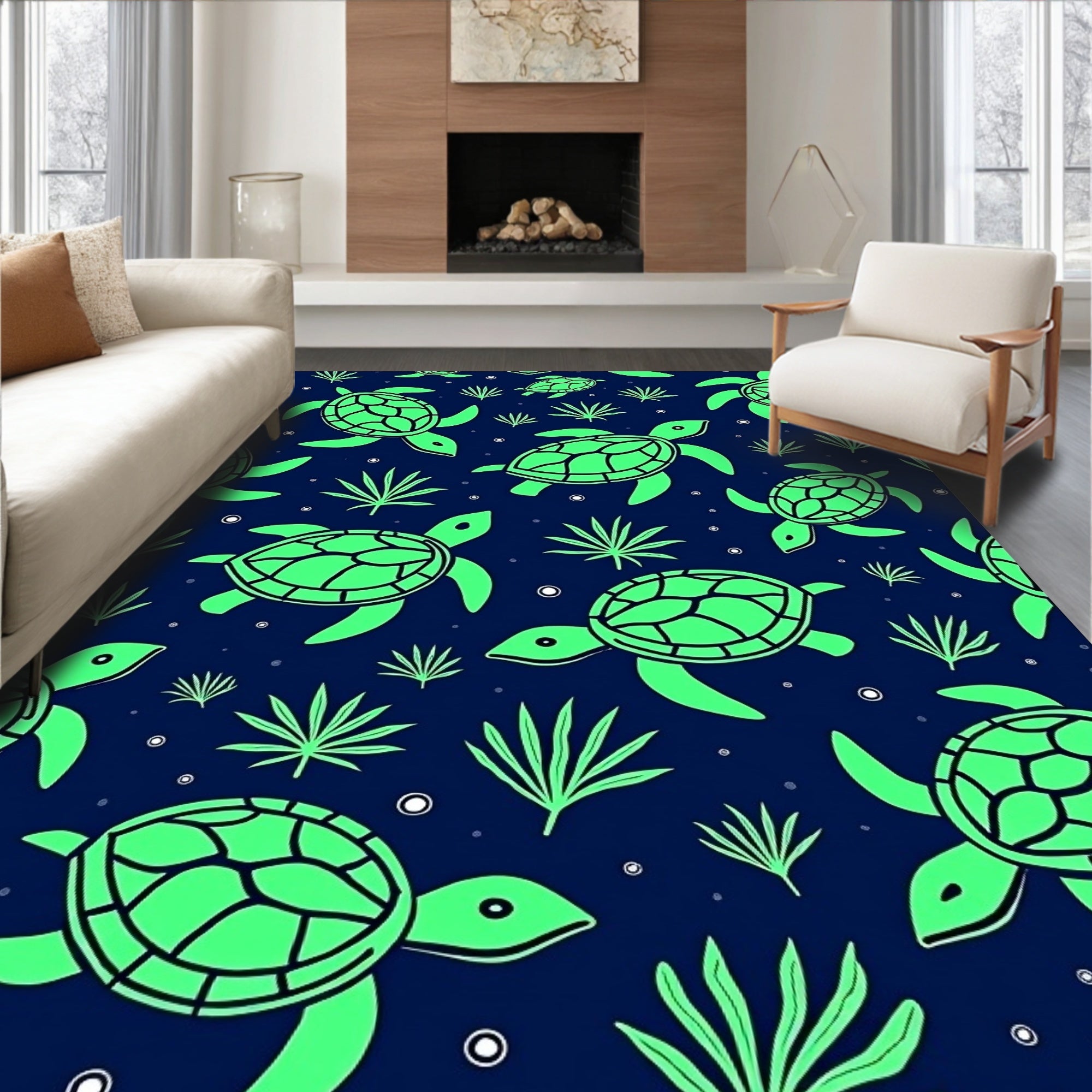 Neon Green Turtles Seaweed Navy Rug