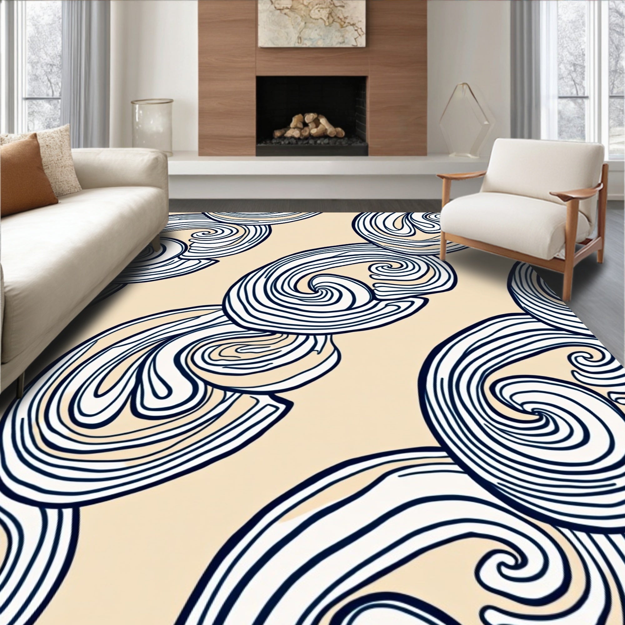 Beige Navy Swirling Organic Abstraction Rug