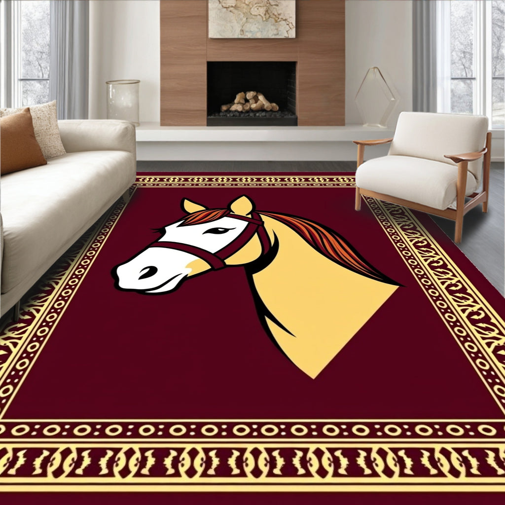 Burgundy Golden Horse Head Portrait Rug