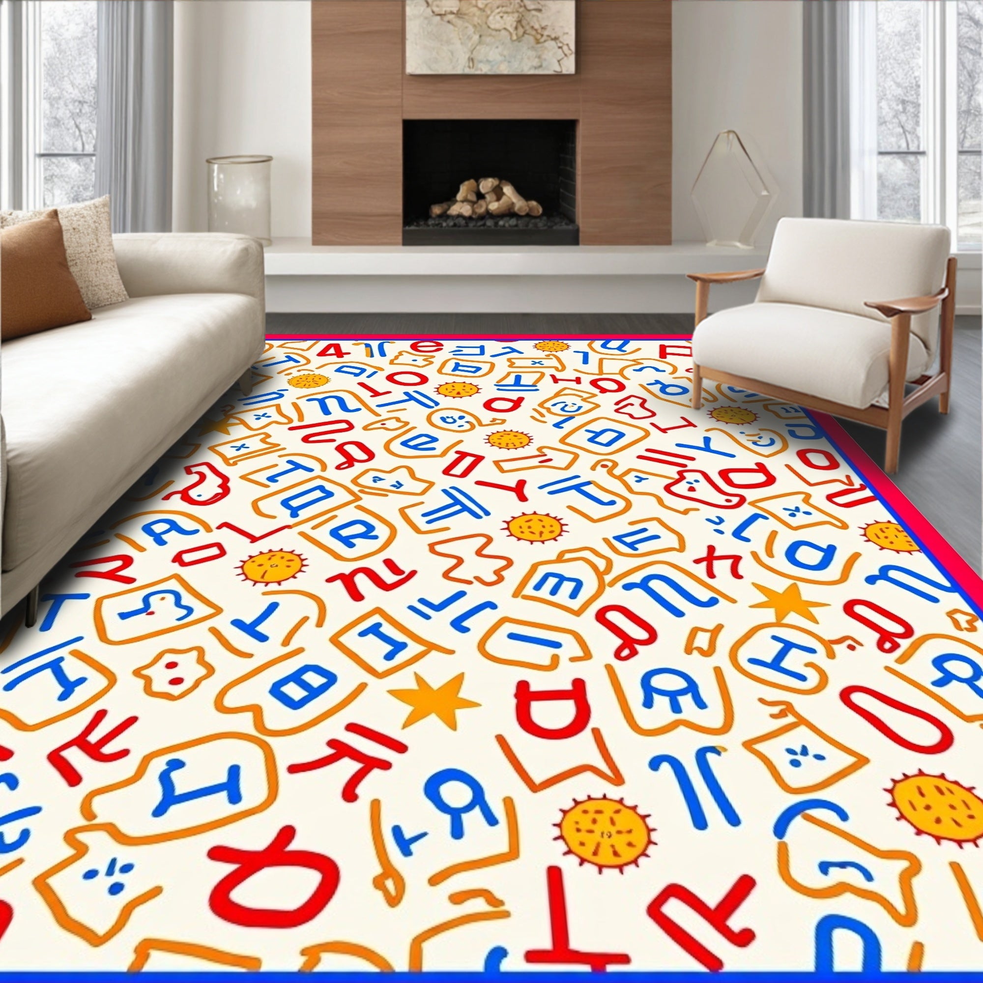 Playful Alphabet Characters Sunbursts And Stars Rug