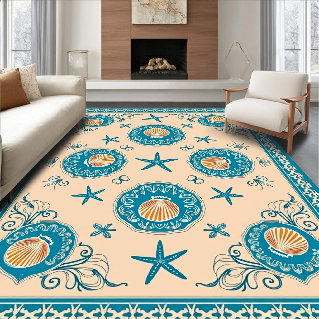 Teal Shell Starfish Medallion Beach Rug