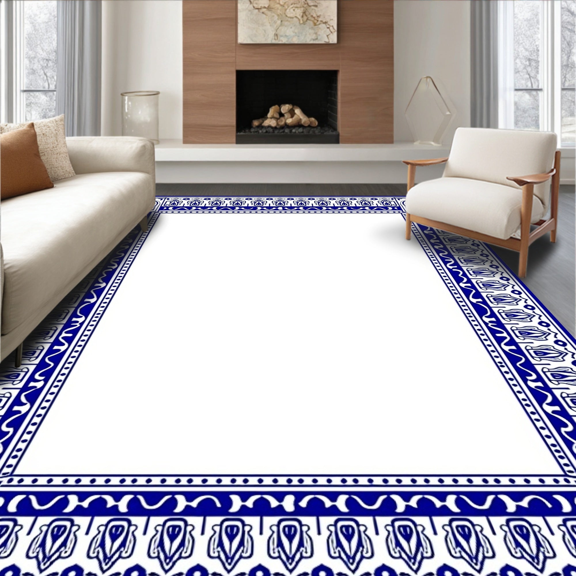 Classic Blue Ivory Ornate Border Rug
