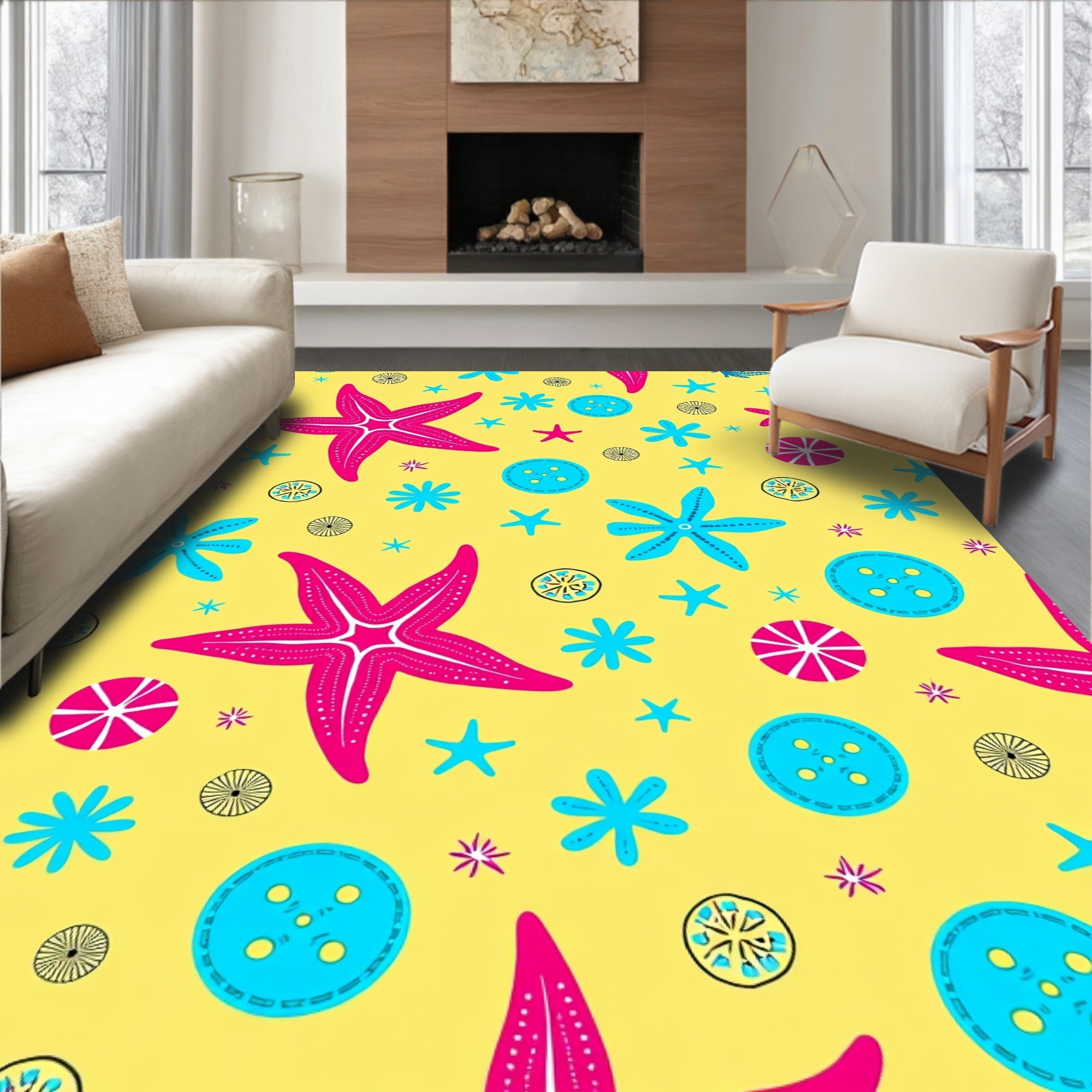 Bright Pink Blue Starfish Buttons Underwater Rug