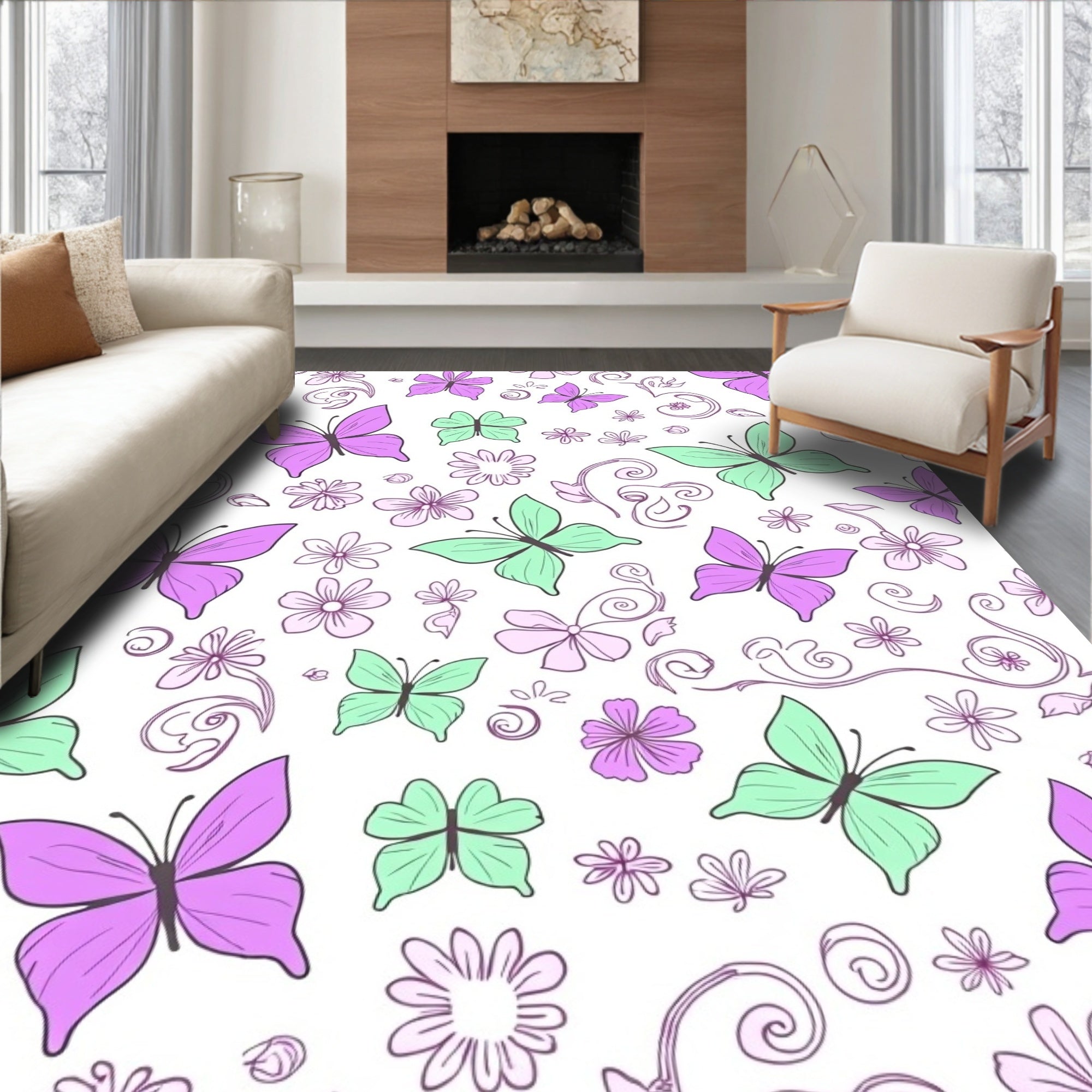 Soft Purple Green Butterfly Meadow Rug