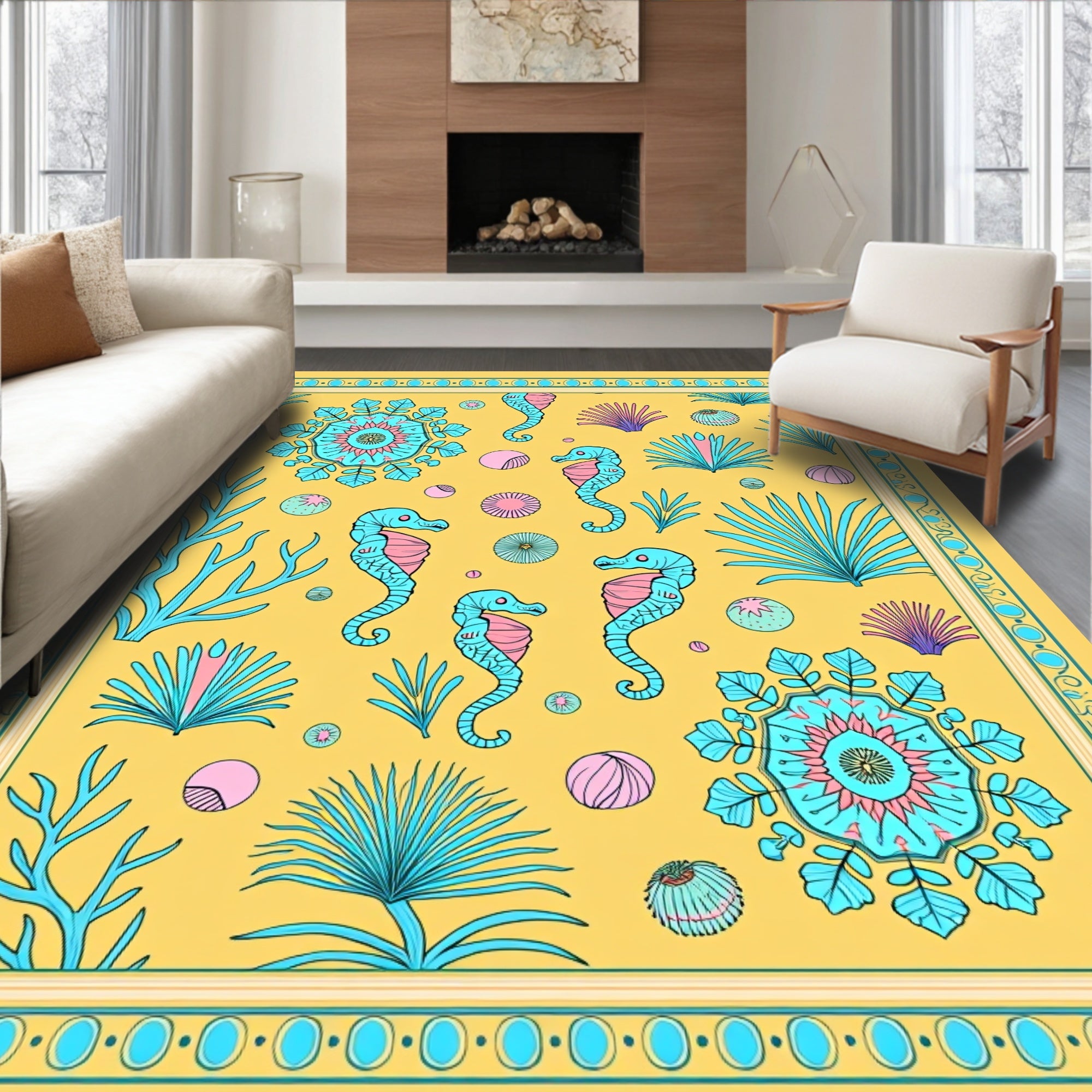 Aquamarine Seahorses Yellow Tropical Mandala Rug