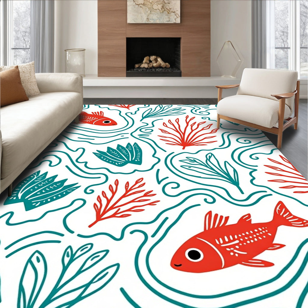 Red Fish Teal Coral Waves Rug