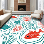 Red Fish Teal Coral Waves Rug