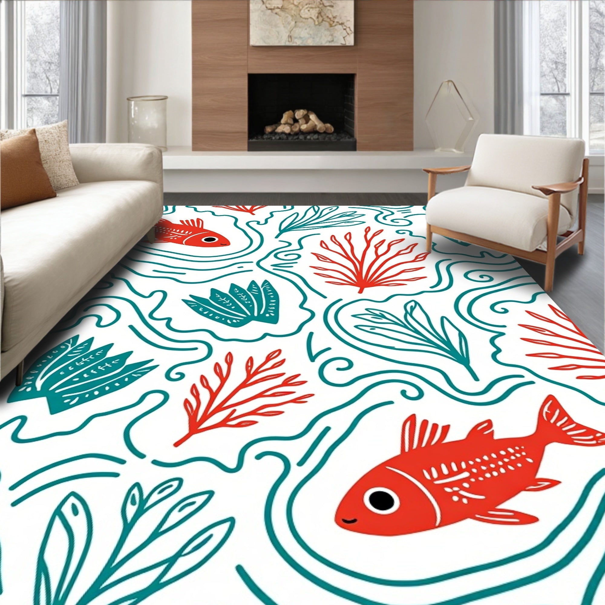 Red Fish Teal Coral Waves Rug